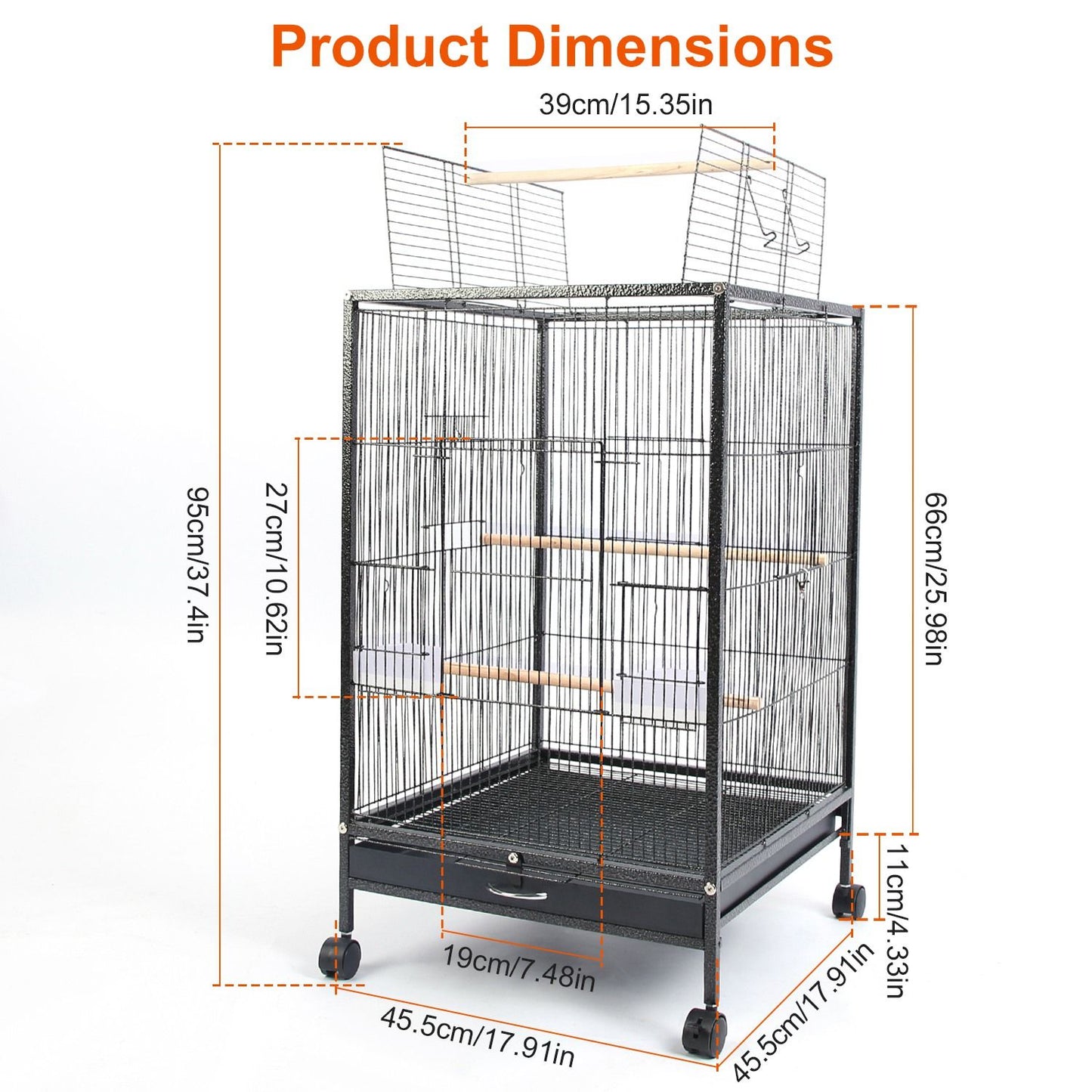 Dimensioned diagram of bird cage with measurements and top opening shown on rolling stand