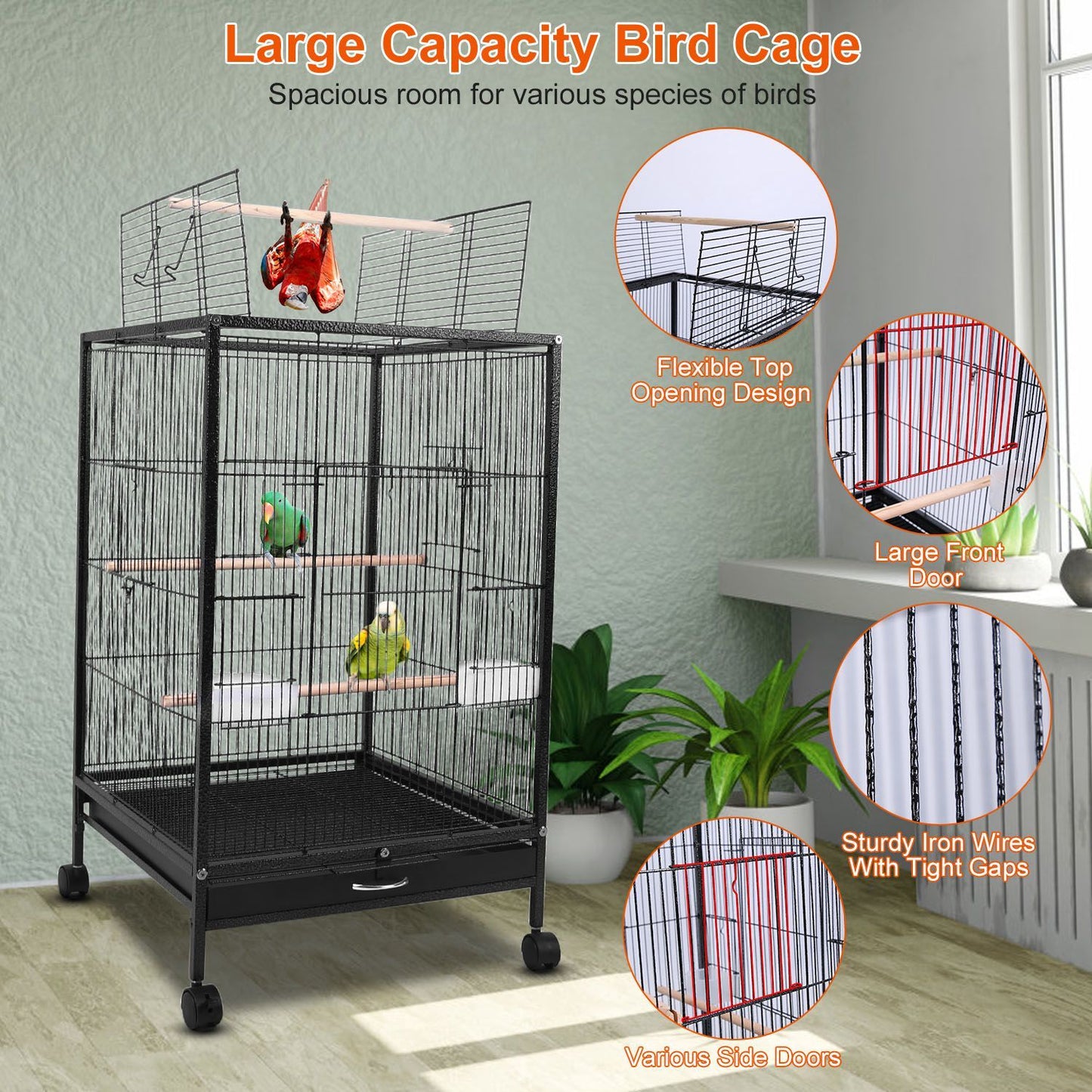 Promotional indoor scene highlighting large-capacity bird cage features and safety callouts