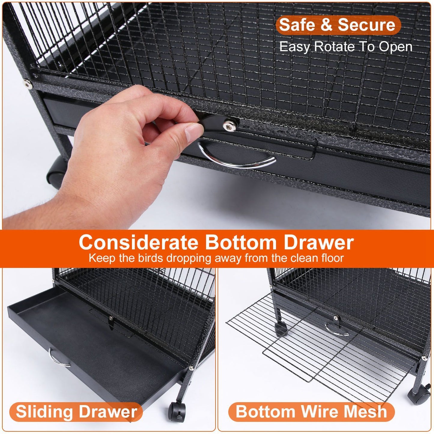 Hand opening sliding bottom tray and removable wire mesh on bird cage for easy cleaning