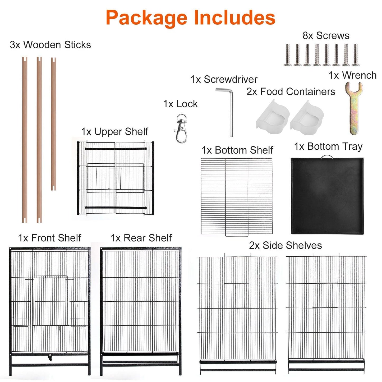 Package contents layout showing shelves, wooden perches, tray, food cups and assembly hardware