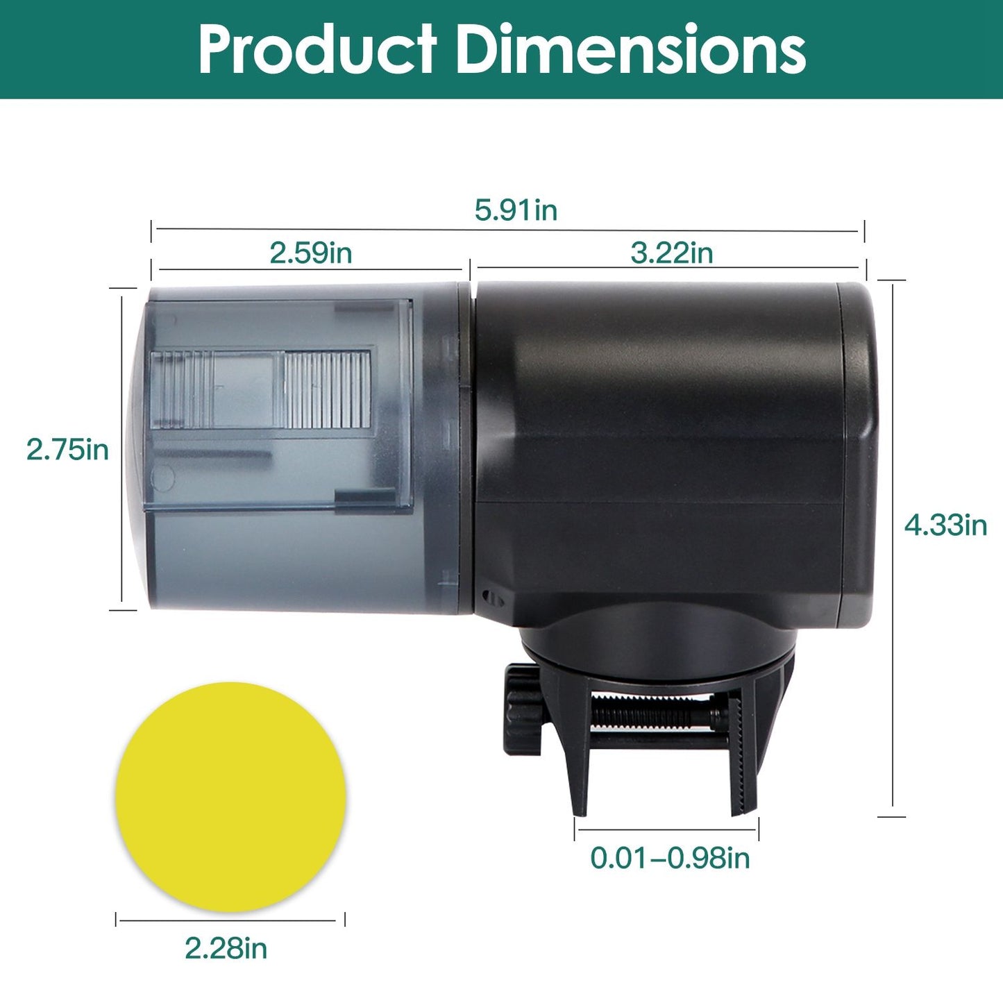 Dimension diagram of feeder with measurements for length, height, tank size and clip thickness