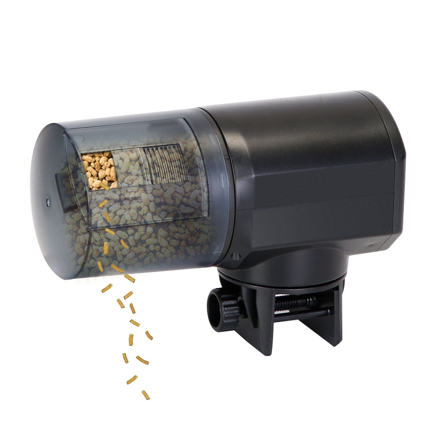 Angled studio shot of feeder dispensing pellets with transparent tank and visible clamp base