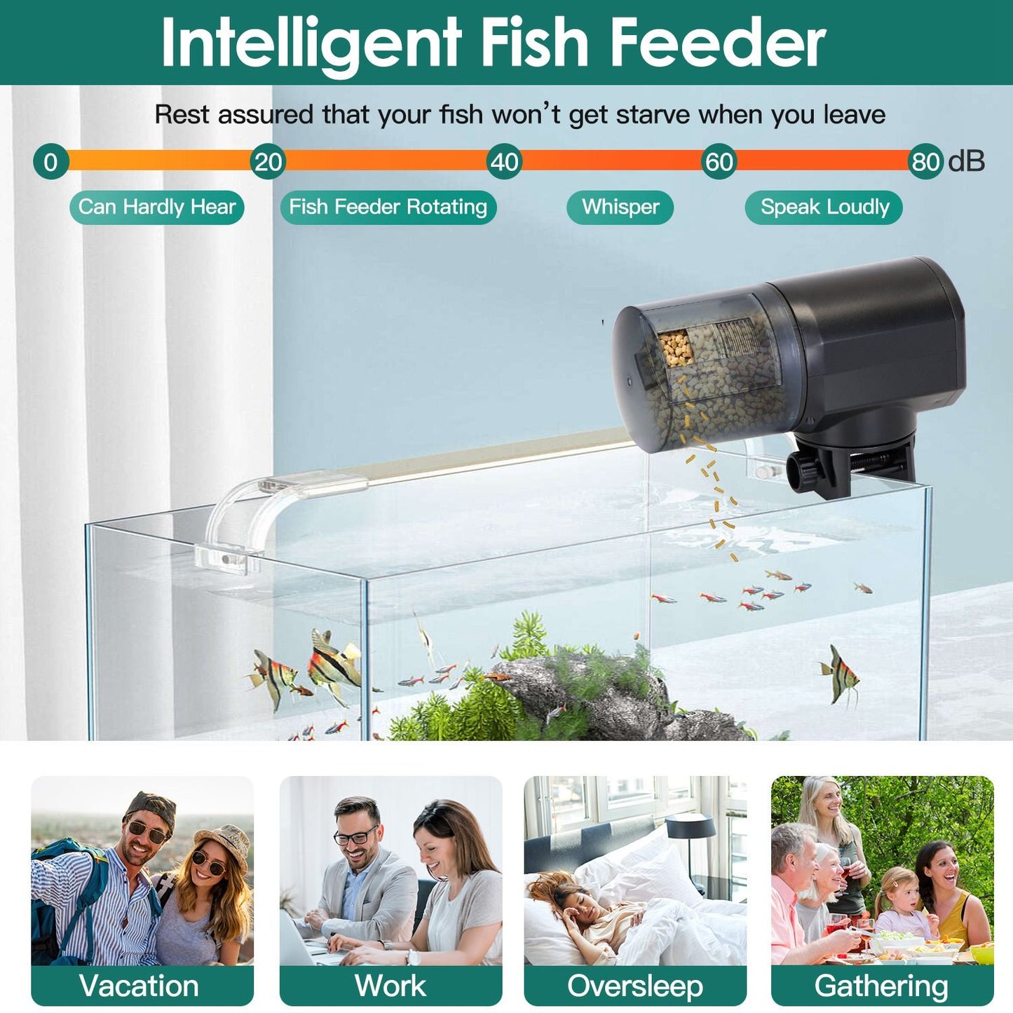 Fish feeder mounted on aquarium rim dispensing food into tank, demonstrating automated feeding use