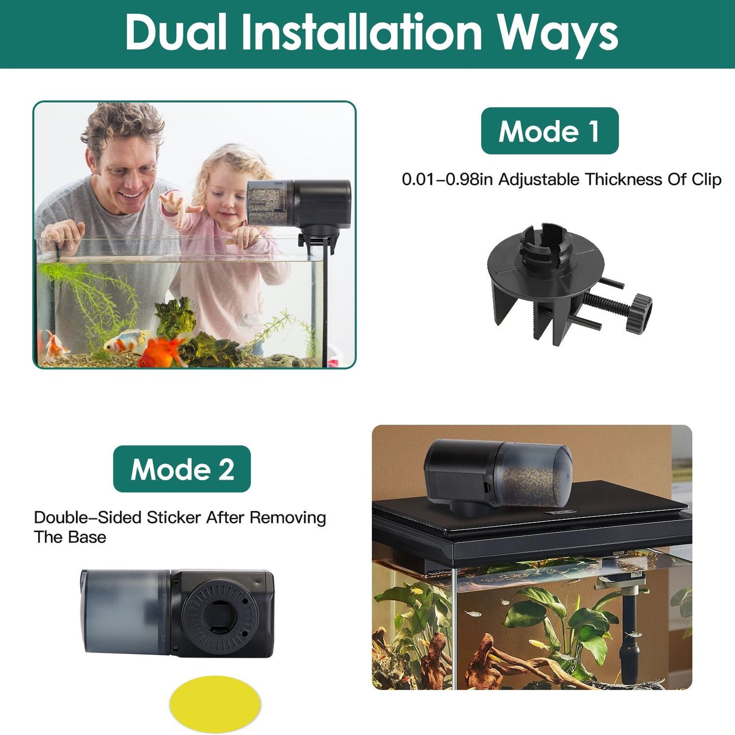 Installation modes showing adjustable clip-on mount and adhesive base option for different tank setups
