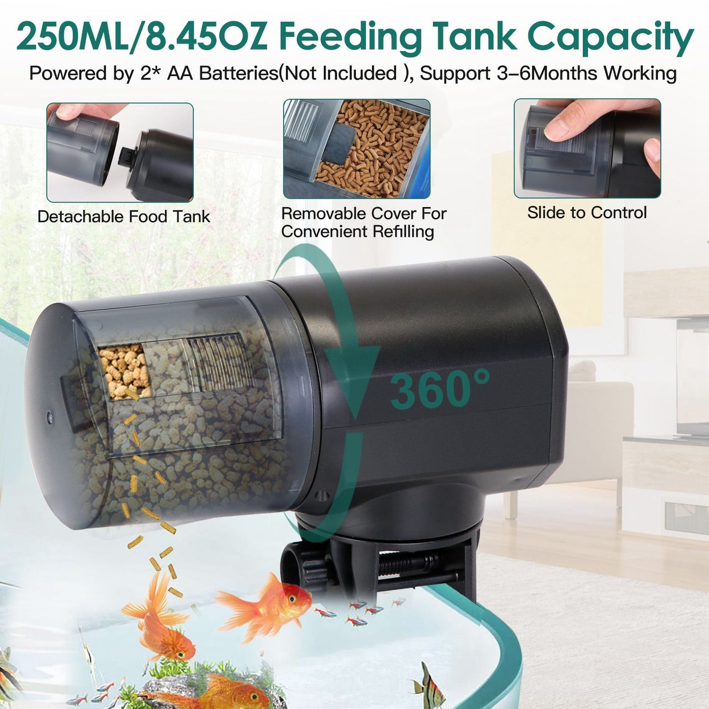 Side view of feeder showing detachable 250ml tank, 360-degree rotation and refill access