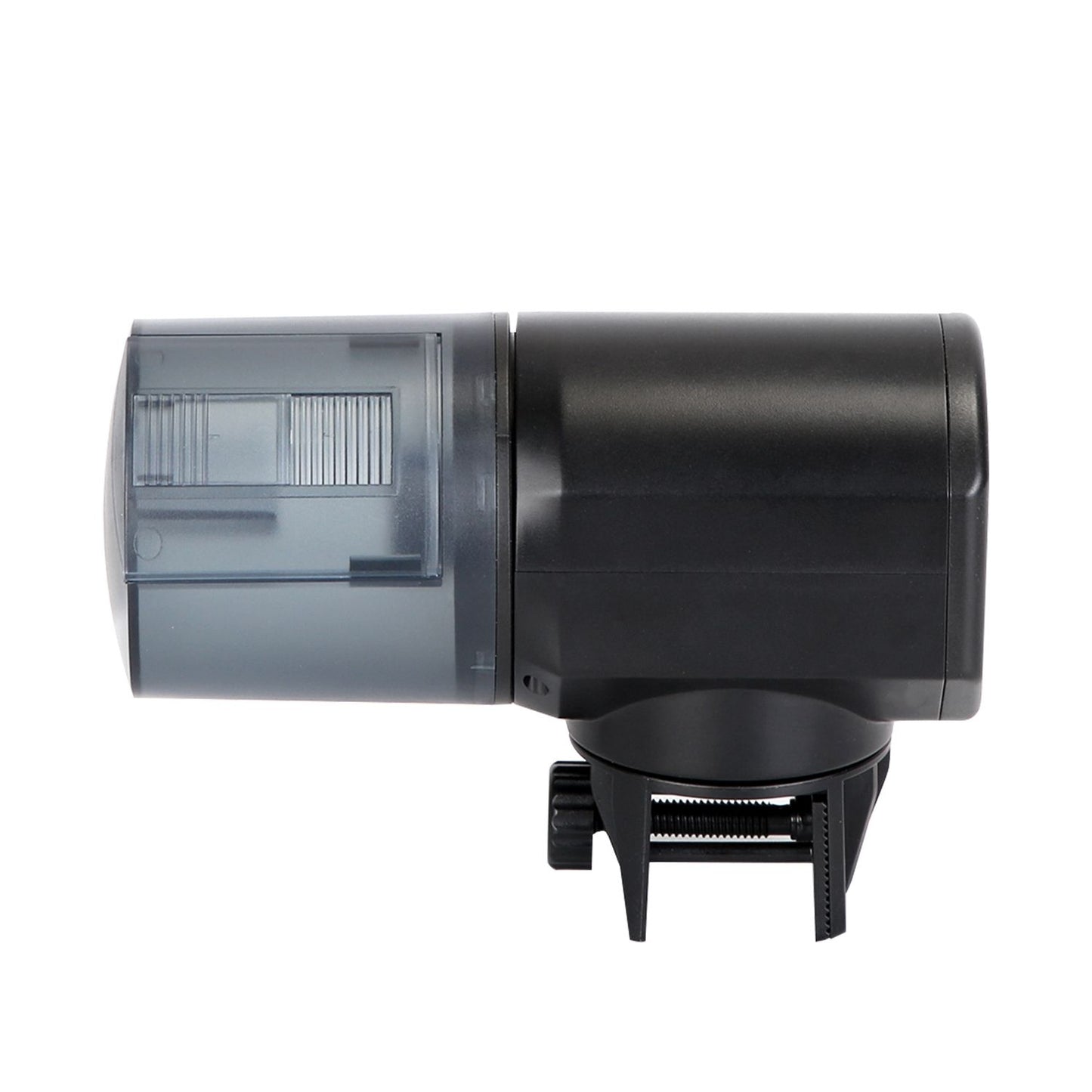 Side profile of automatic fish feeder showing black body, translucent food tank and clamp mount