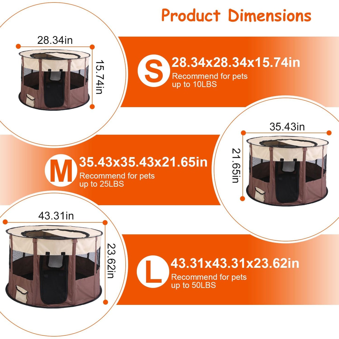 Sizing infographic comparing small, medium and large playpen dimensions and recommendations