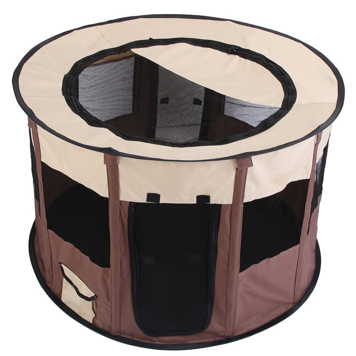 High-angle view of playpen with partially unzipped mesh roof and visible interior