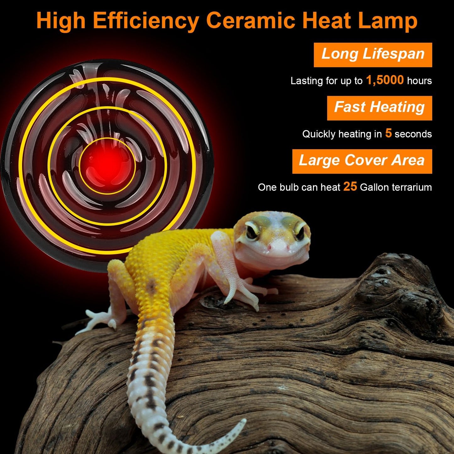 Infrared ceramic heat lamp shown heating with red rings near a yellow gecko