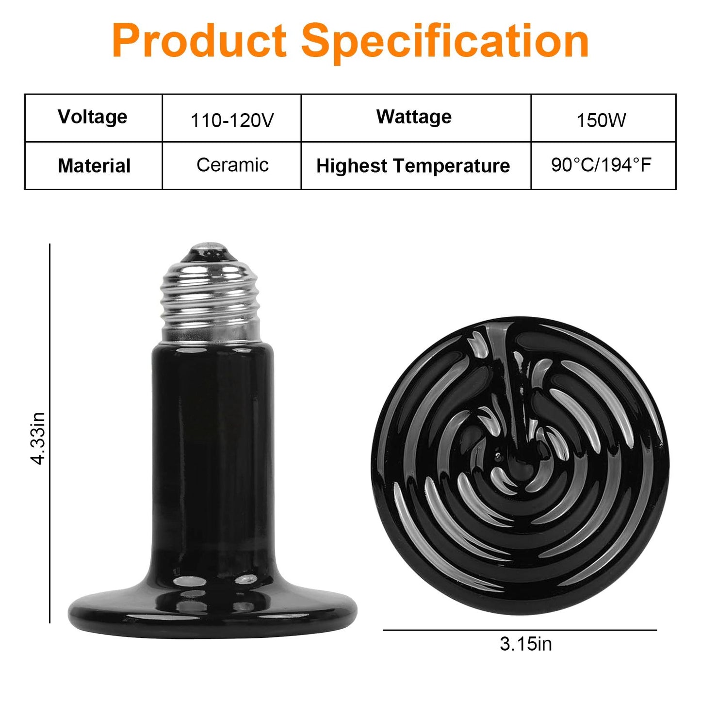 Product spec diagram showing 150W black ceramic heat lamp dimensions 4.33 x 3.15 inches and E27 base