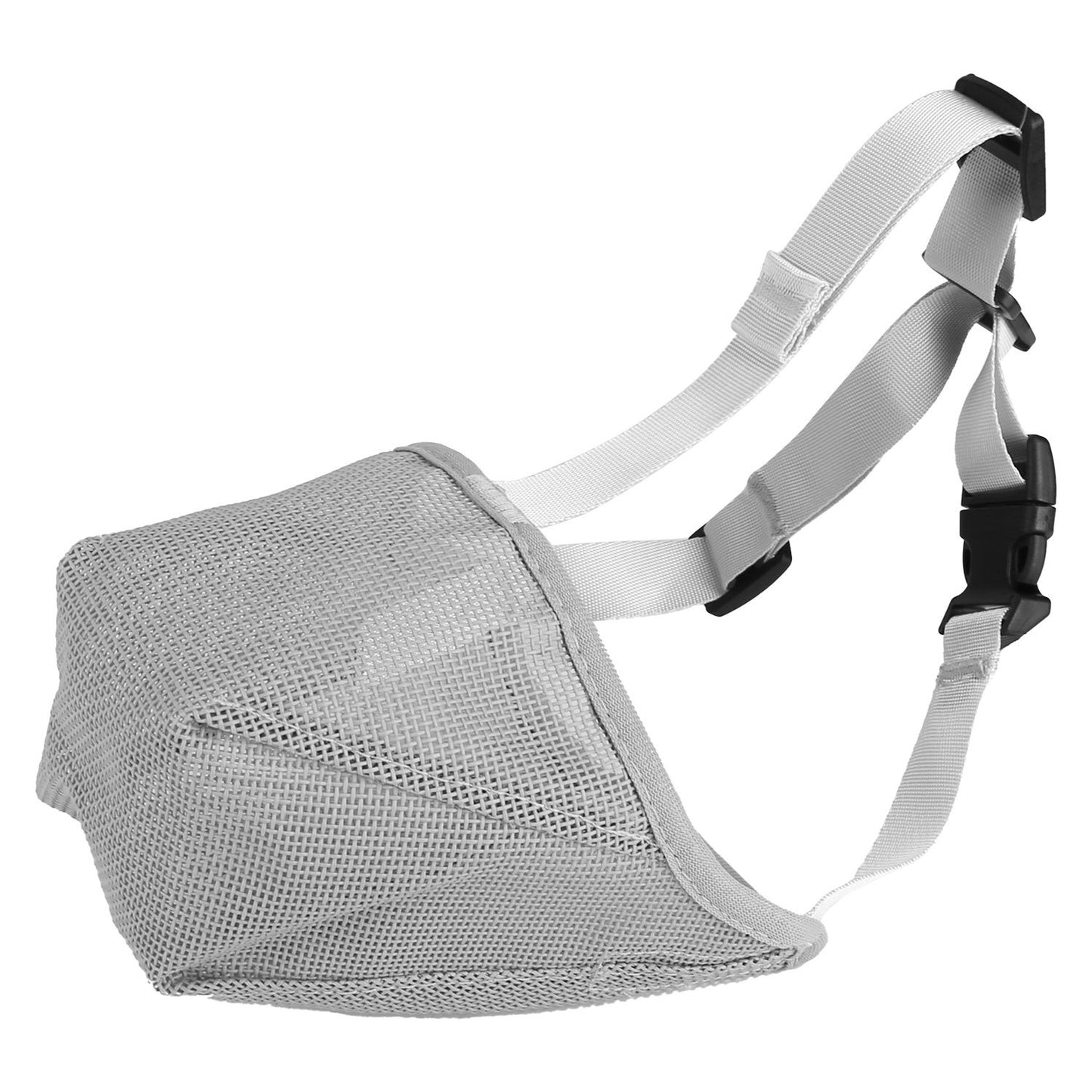 Angled view of grey mesh muzzle showing curved snout shape, stitching and adjustable straps