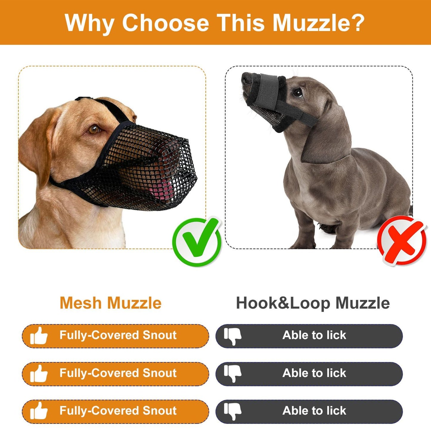 Comparison infographic showing advantages of mesh muzzle over hook-and-loop style