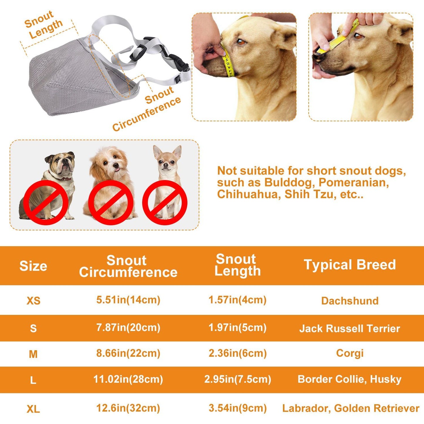 Sizing chart and measurement diagram for five muzzle sizes with snout length and circumference