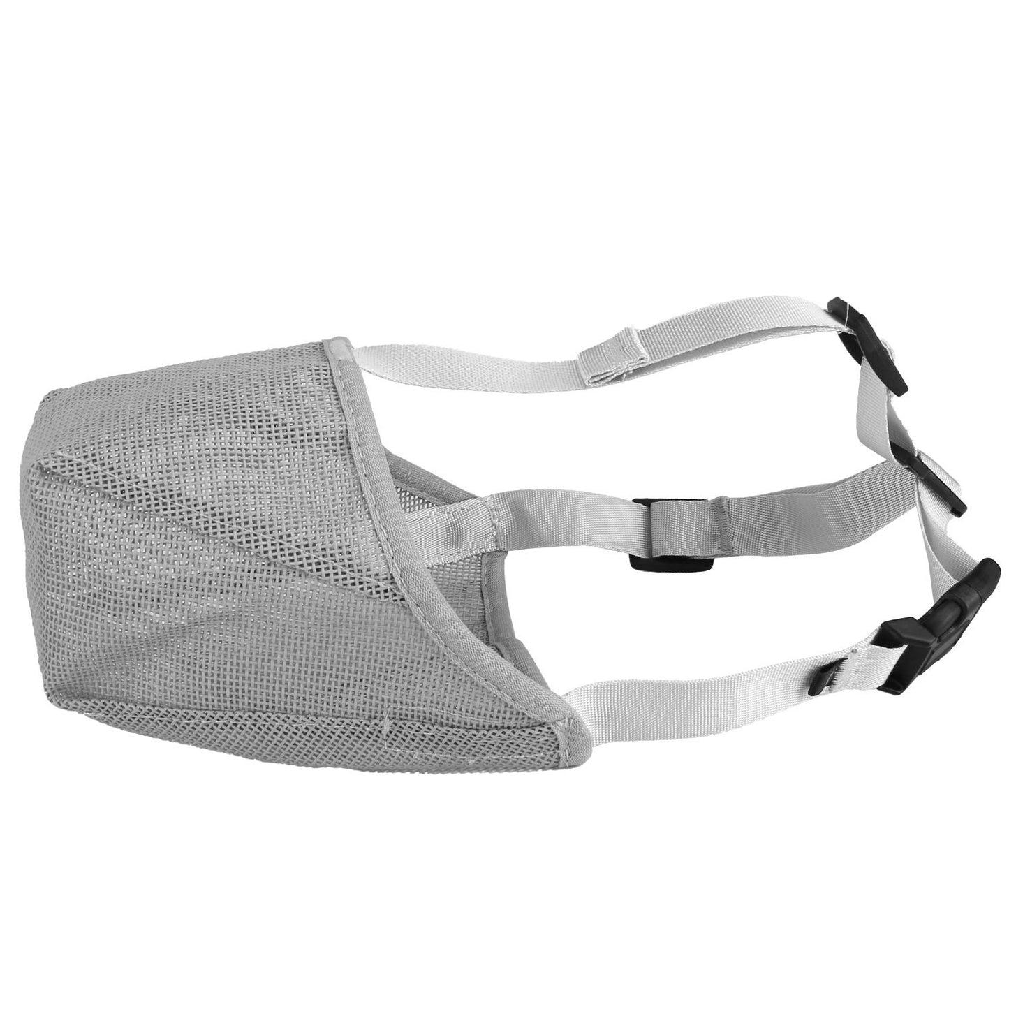 Grey nylon mesh muzzle isolated showing snout box shape, seams and strap attachments