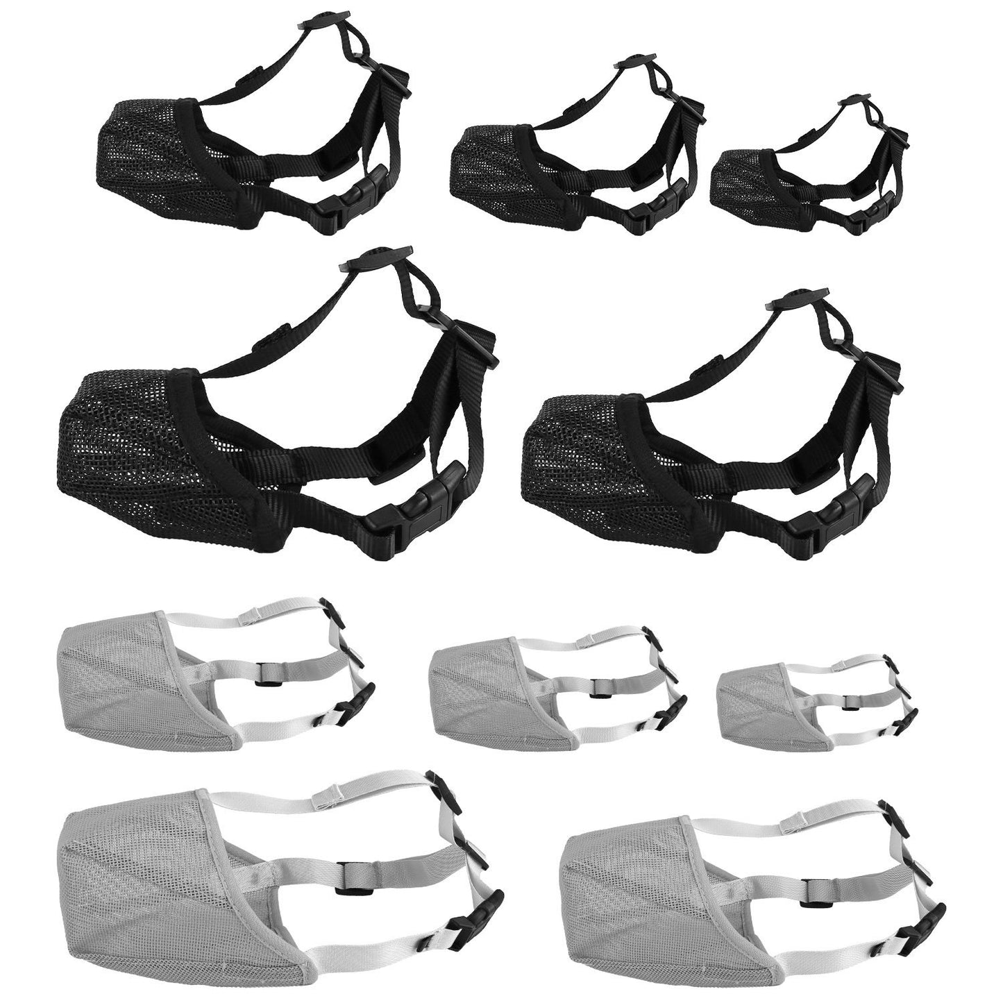 Array of black and grey nylon mesh muzzles in multiple sizes displayed on white background