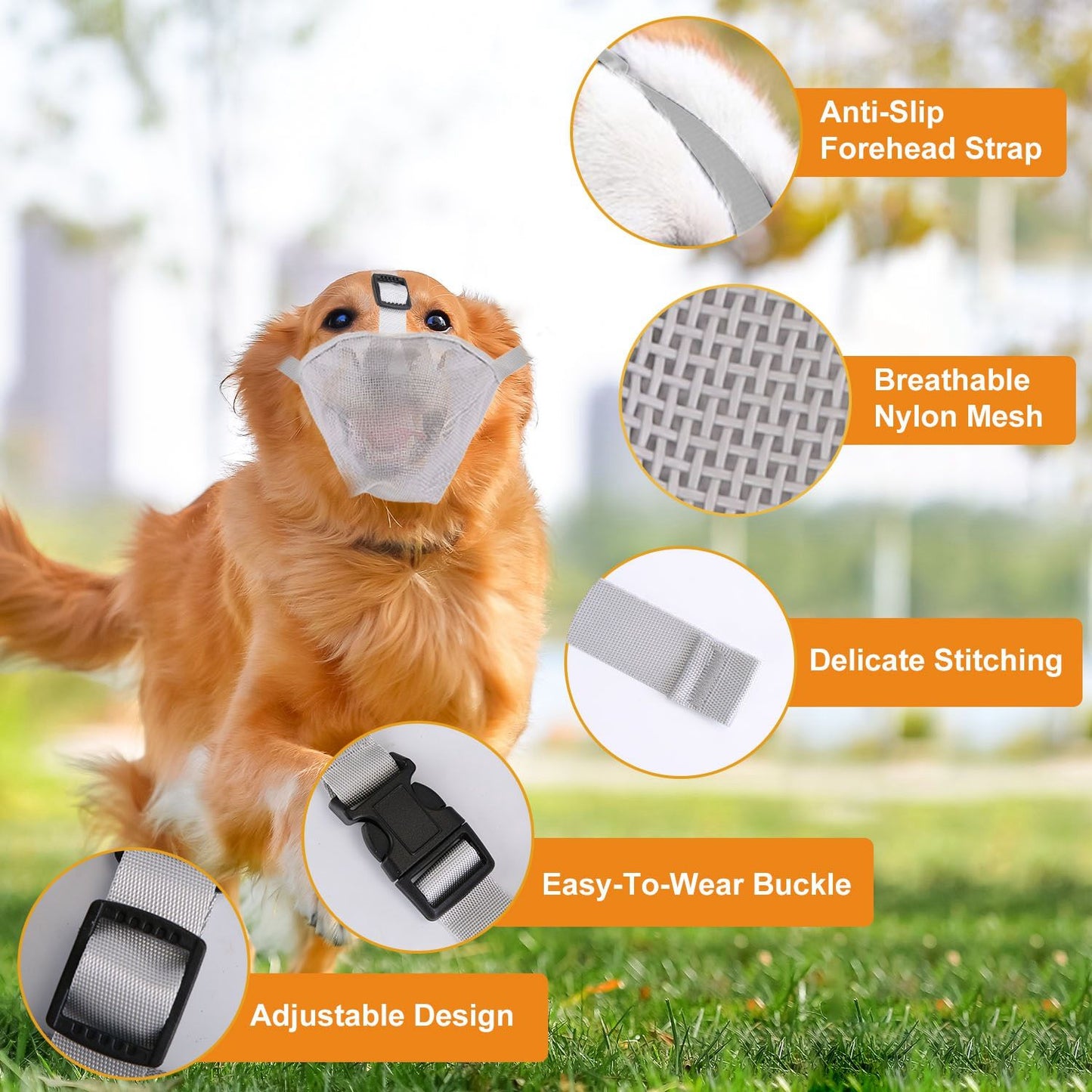 Infographic of muzzle features showing breathable mesh, straps, stitching and buckle