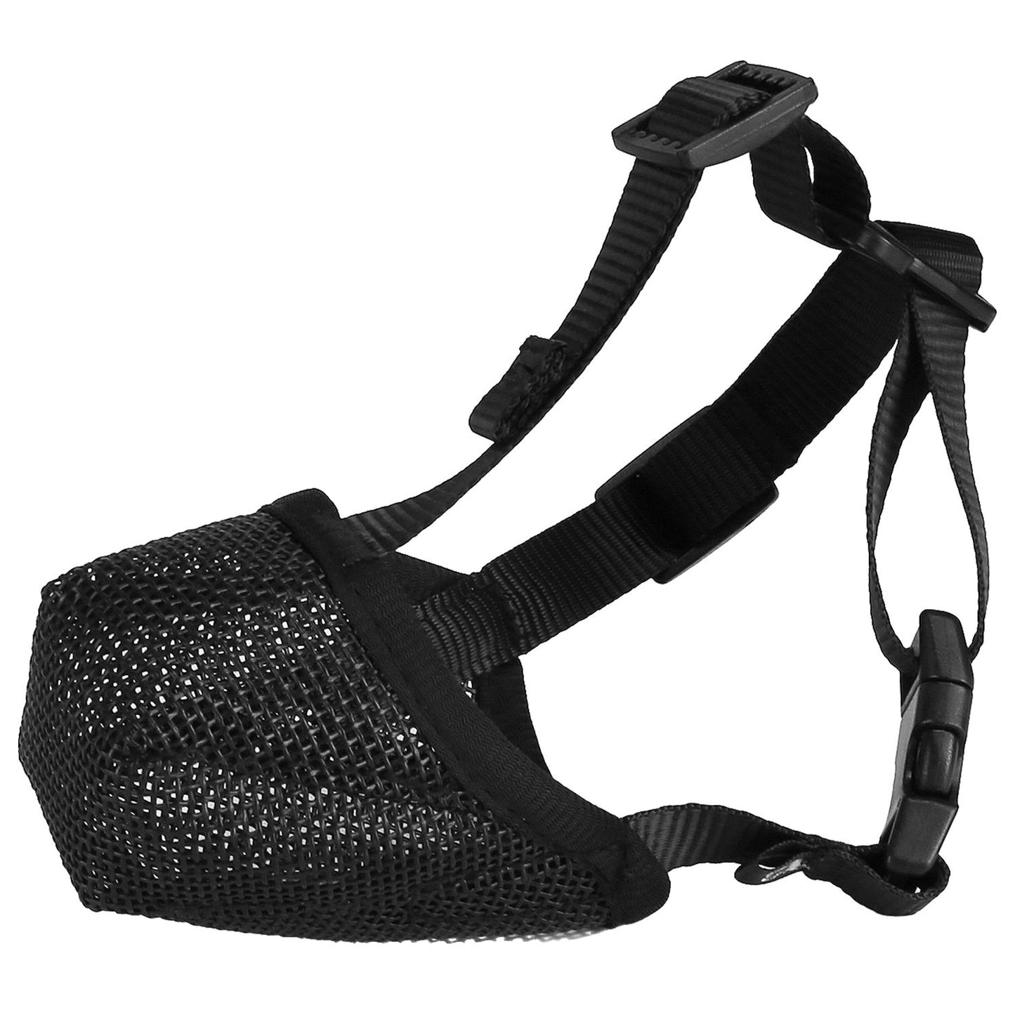 Side-angle of black muzzle showing forehead strap, neck strap and quick-release buckle