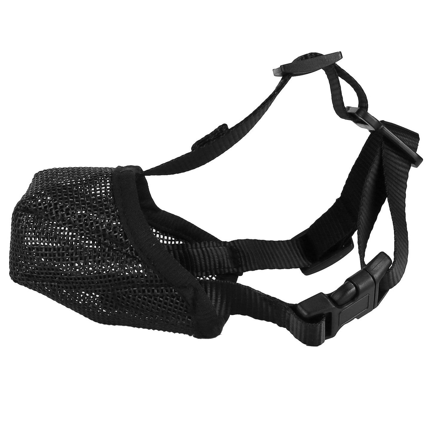 Black mesh muzzle on white background showing strap layout, buckle and mesh weave