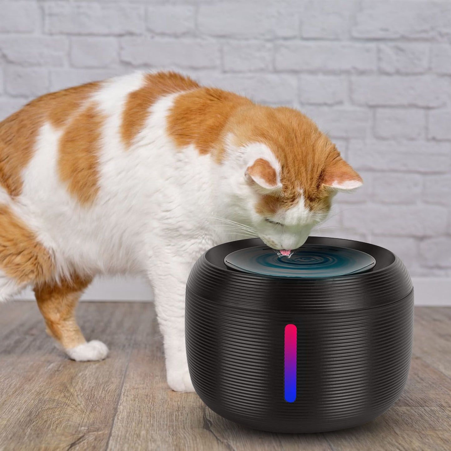 Orange and white cat lapping water from floor-level pet fountain with glowing LED