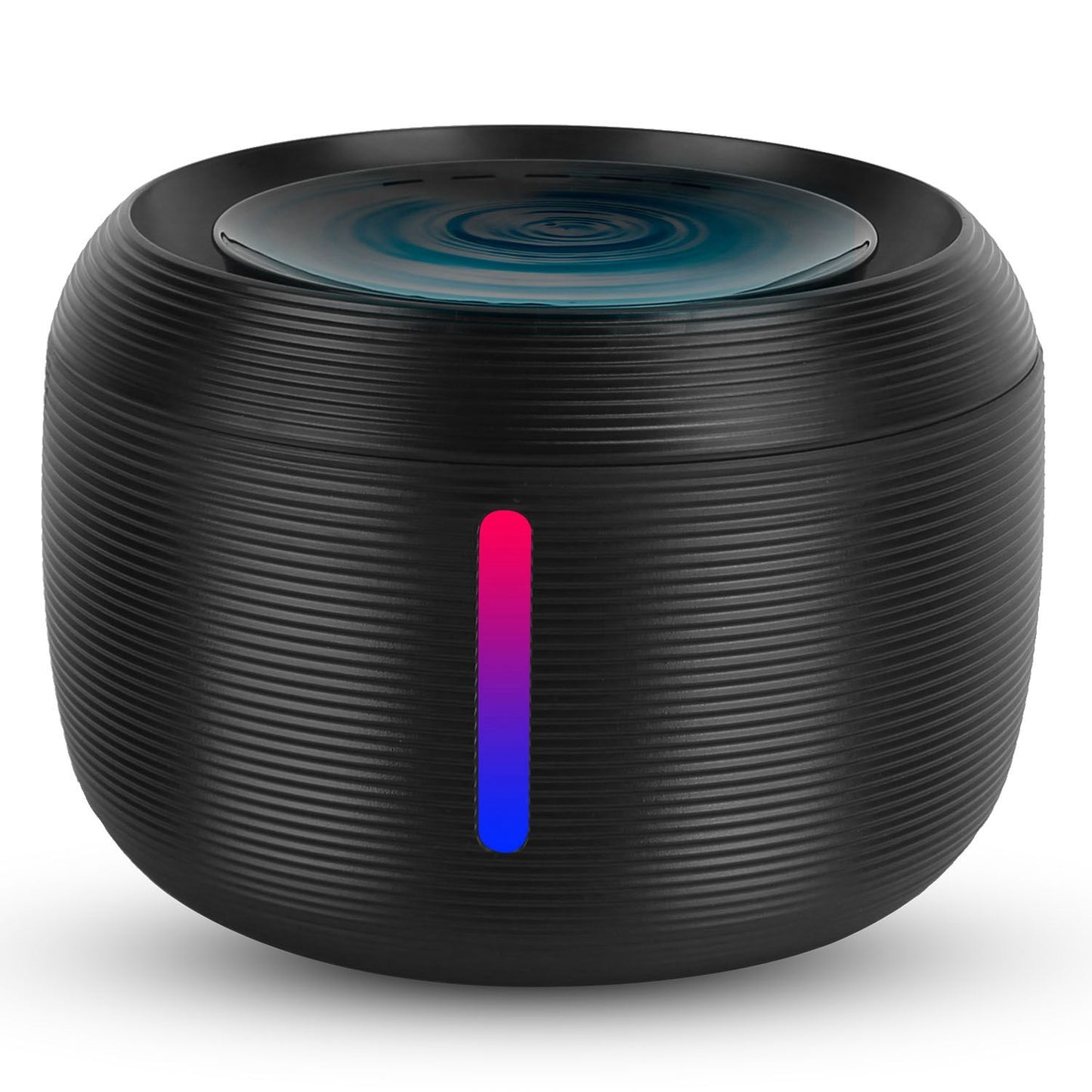 Studio front view of black ribbed pet fountain with color-changing LED indicator