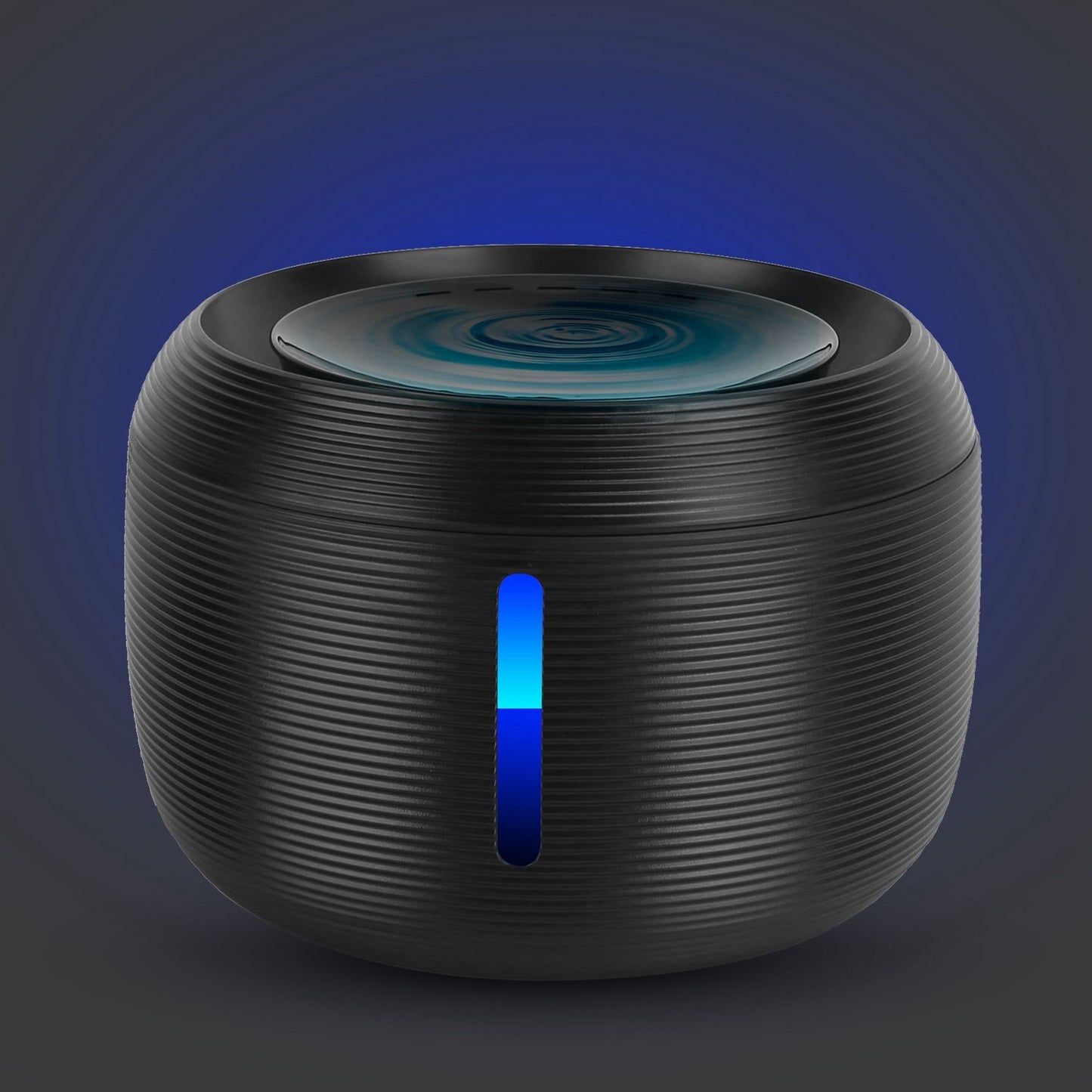 Black pet fountain top view showing swirling water on the spray tray and blue LED glow