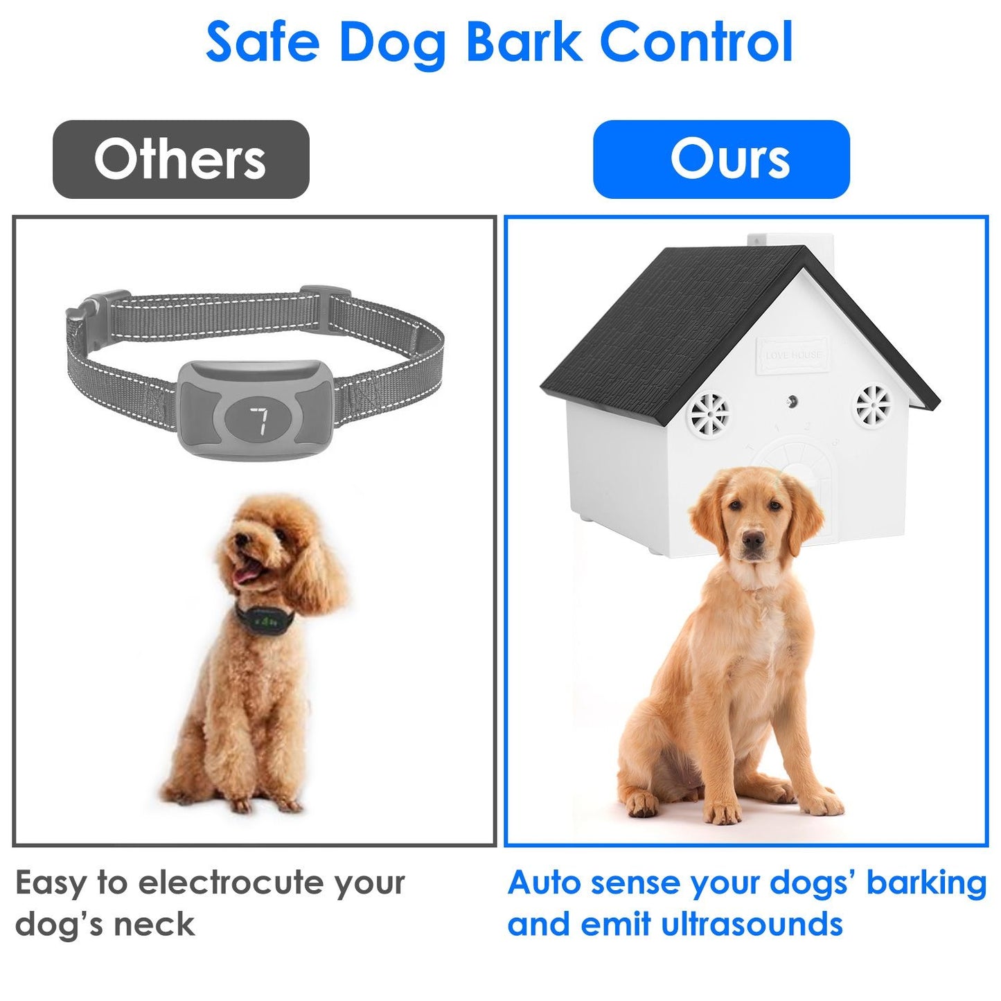 Side-by-side graphic comparing shock collars to a safer ultrasonic house device that auto-senses barking