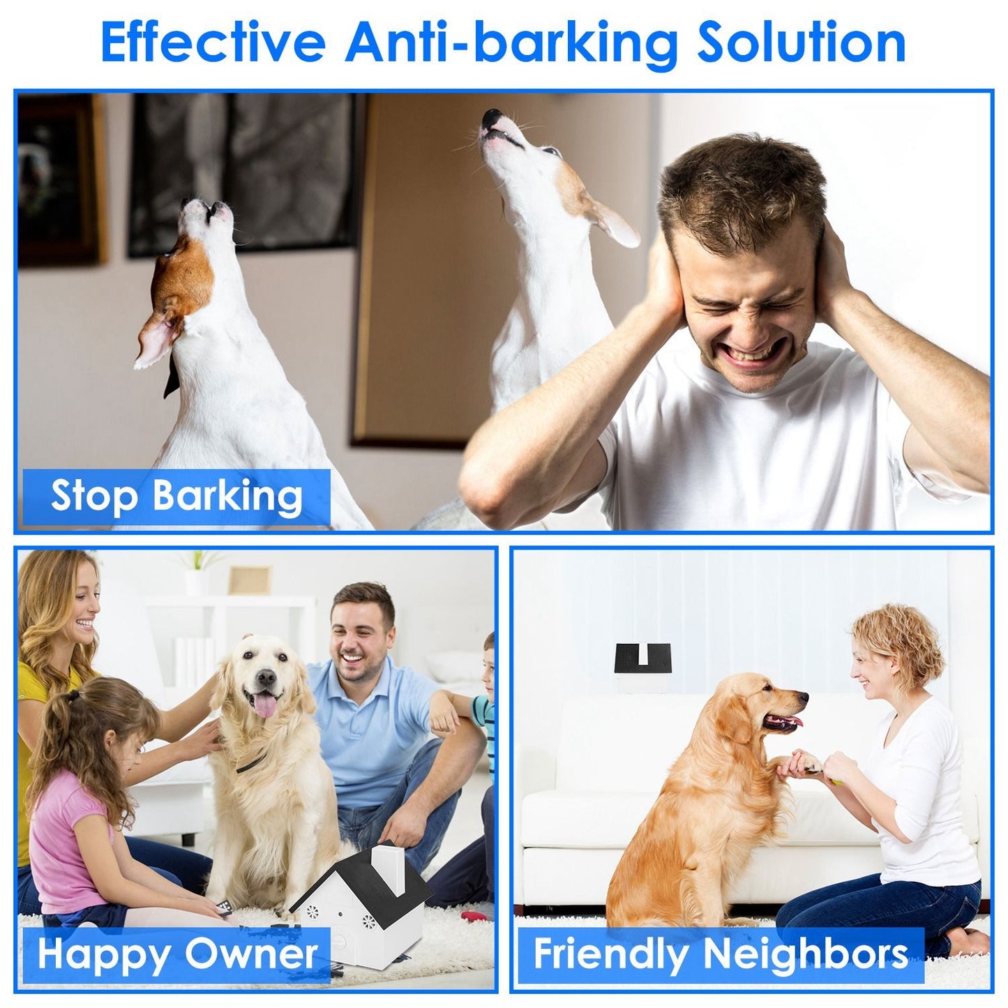 Collage of dogs and owners using the device showing stop barking and happier home and neighbor scenes