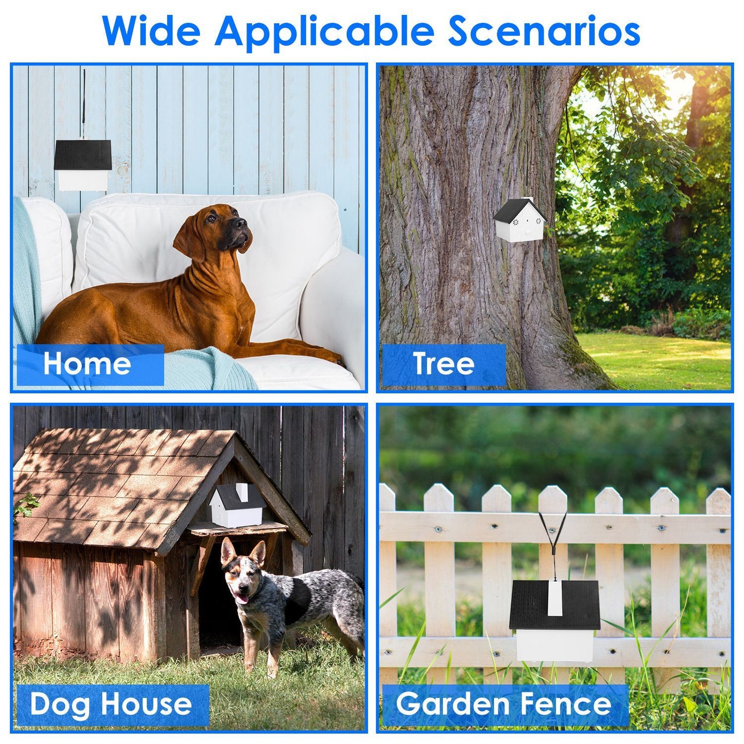 Four-panel grid showing device mounted at home, on a tree, on a dog house and on a garden fence