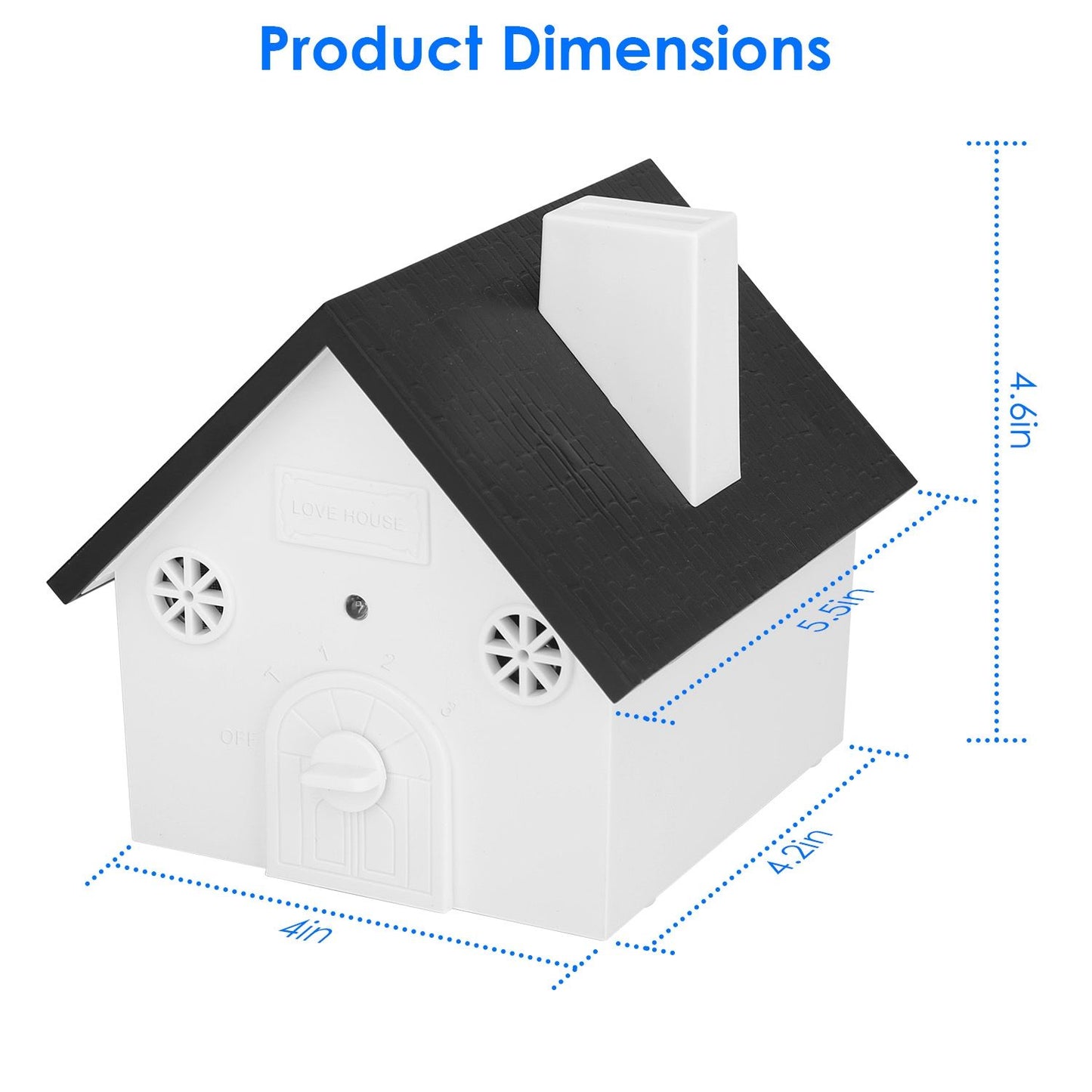 House-shaped ultrasonic device with dotted lines showing approximate dimensions 4 x 4.2 x 4.6 inches