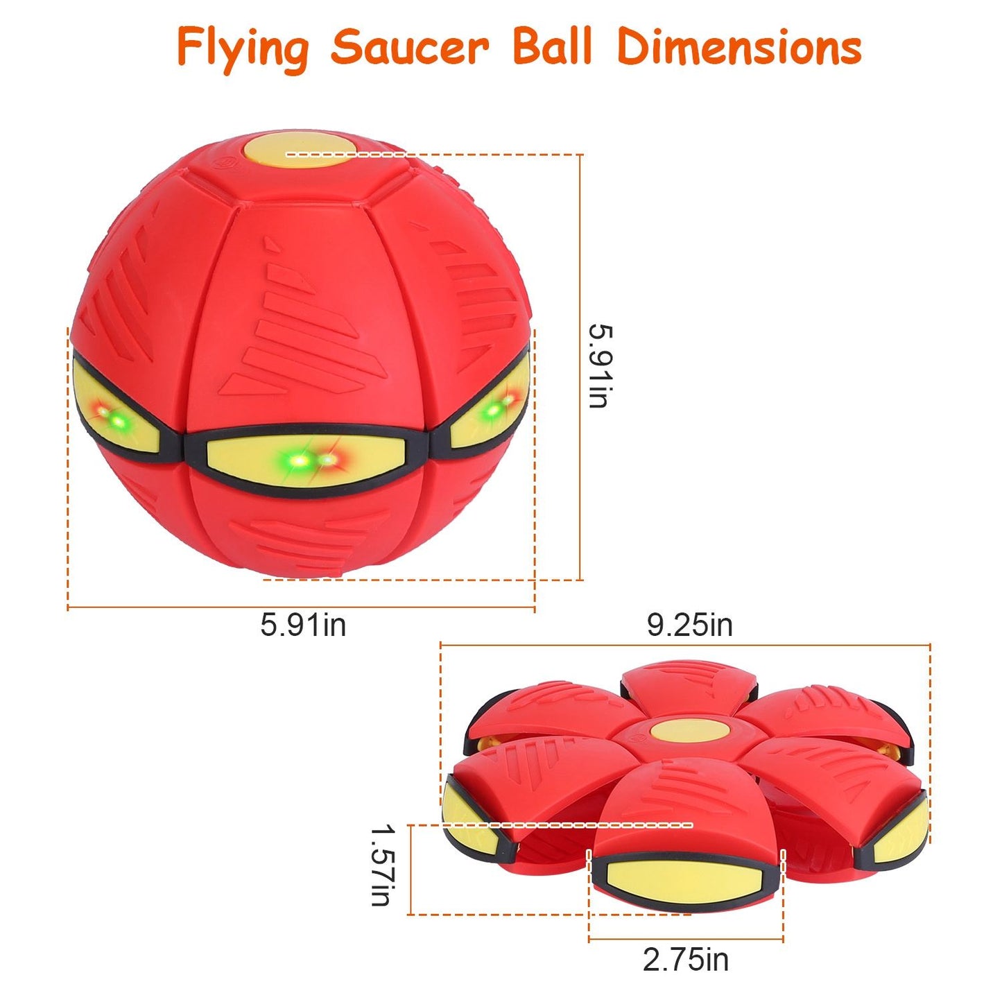 Dimensions diagram: closed ball 5.91 in diameter; opened saucer 9.25 x 2.75 x 1.57 in