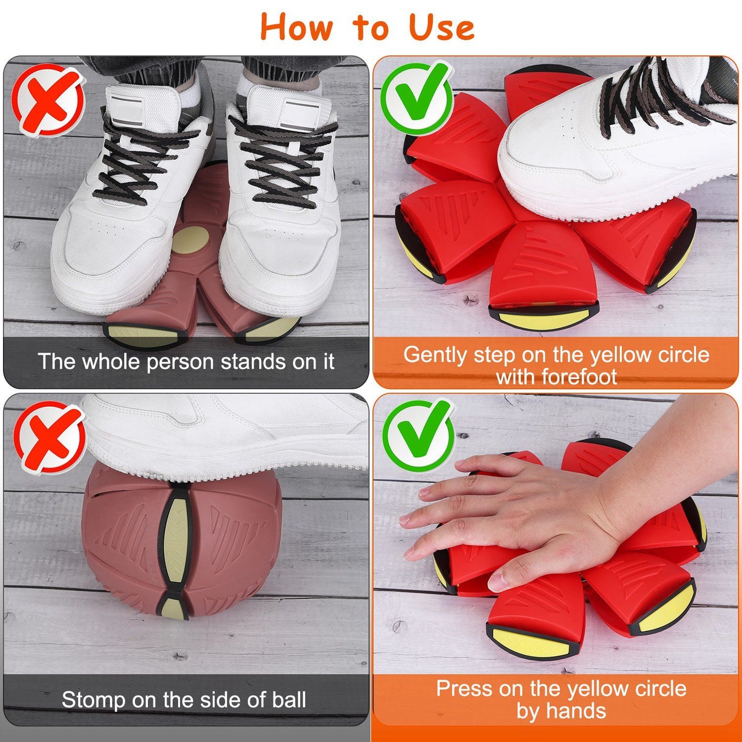 Instruction panels show correct pressing of yellow center by forefoot or hand and warnings against stomping