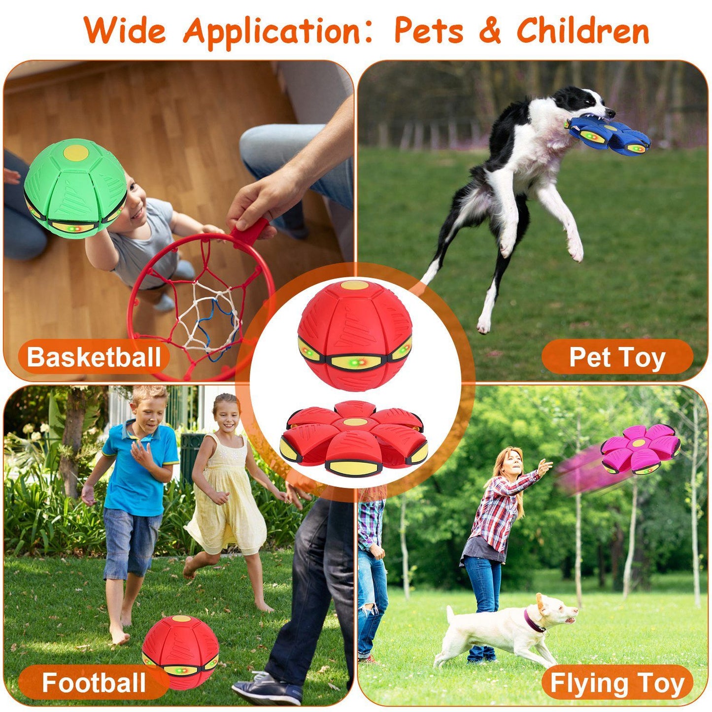 Collage showing the toy used for pet play, children's outdoor games, and flying fetch