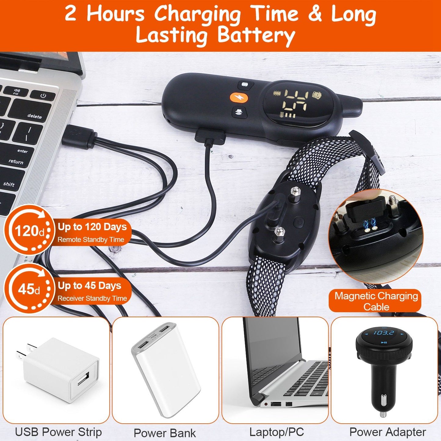 Remote and receiver charging with magnetic USB cable and icons for power bank and laptop