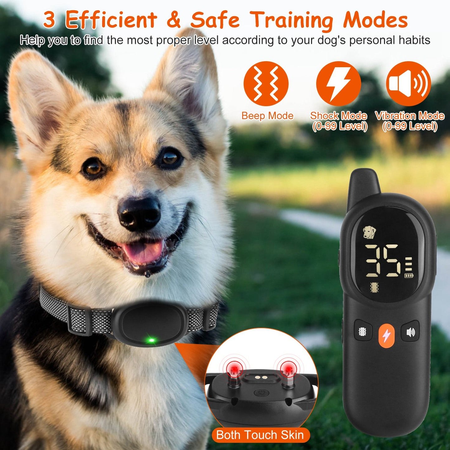 Receiver collar worn by dog with remote transmitter showing training mode and level