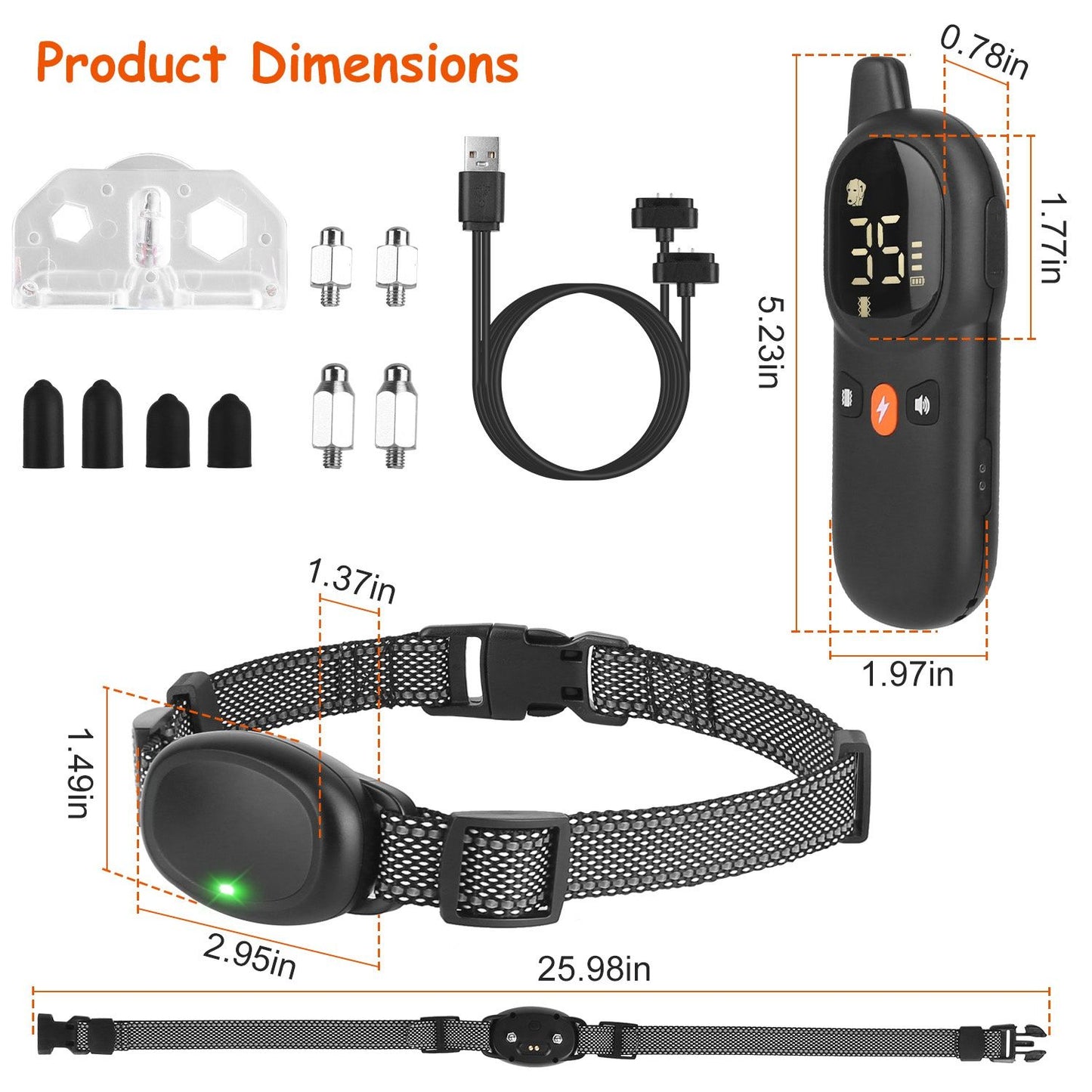 Dimensioned diagram of transmitter, receiver and collar with measurements and accessory layout
