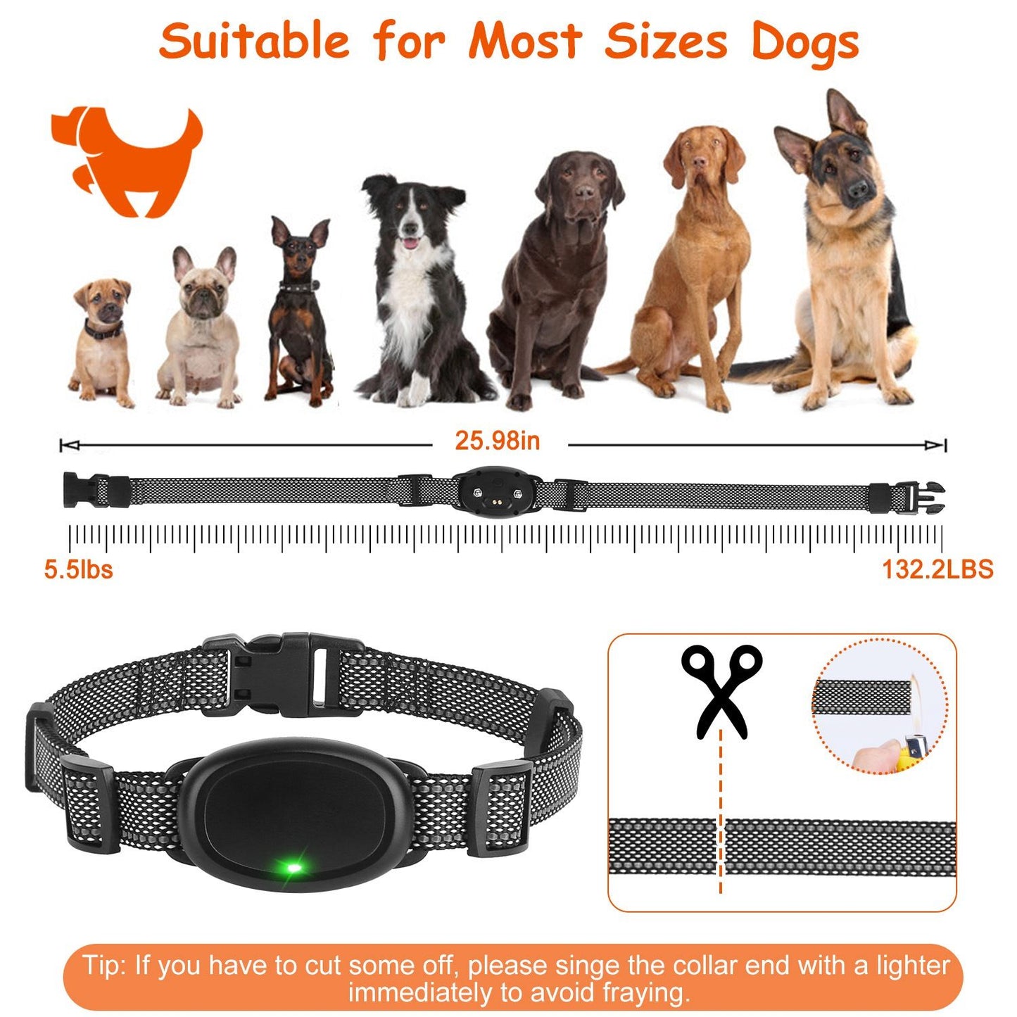 Adjustable collar strap with length markings and silhouettes illustrating suitable dog sizes
