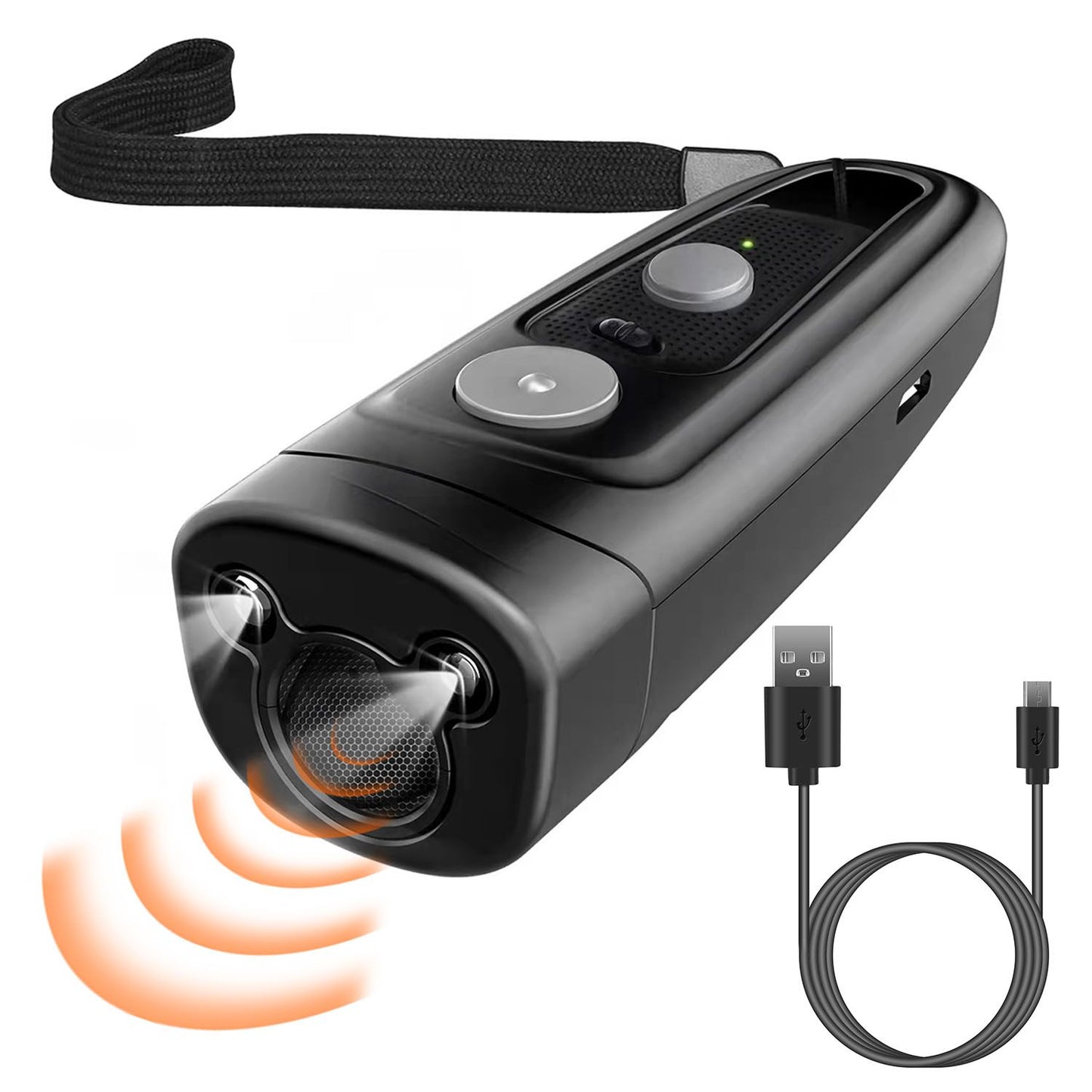 Angled close-up of the anti-bark device emitting ultrasonic wave graphics, with USB charging cable shown