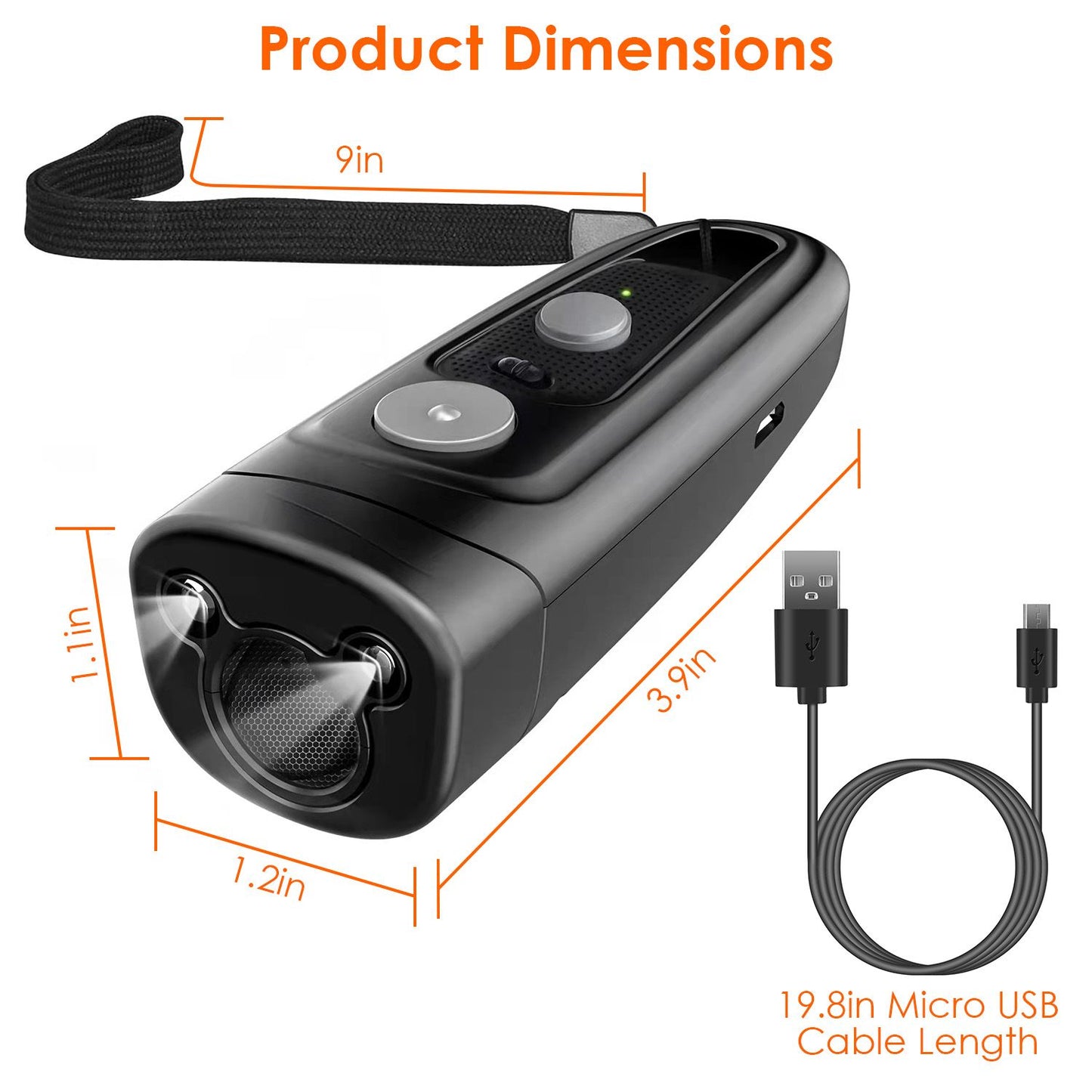 Product dimension graphic showing handheld anti-bark device size, 3.9×1.2×1.1 in and 9 in lanyard