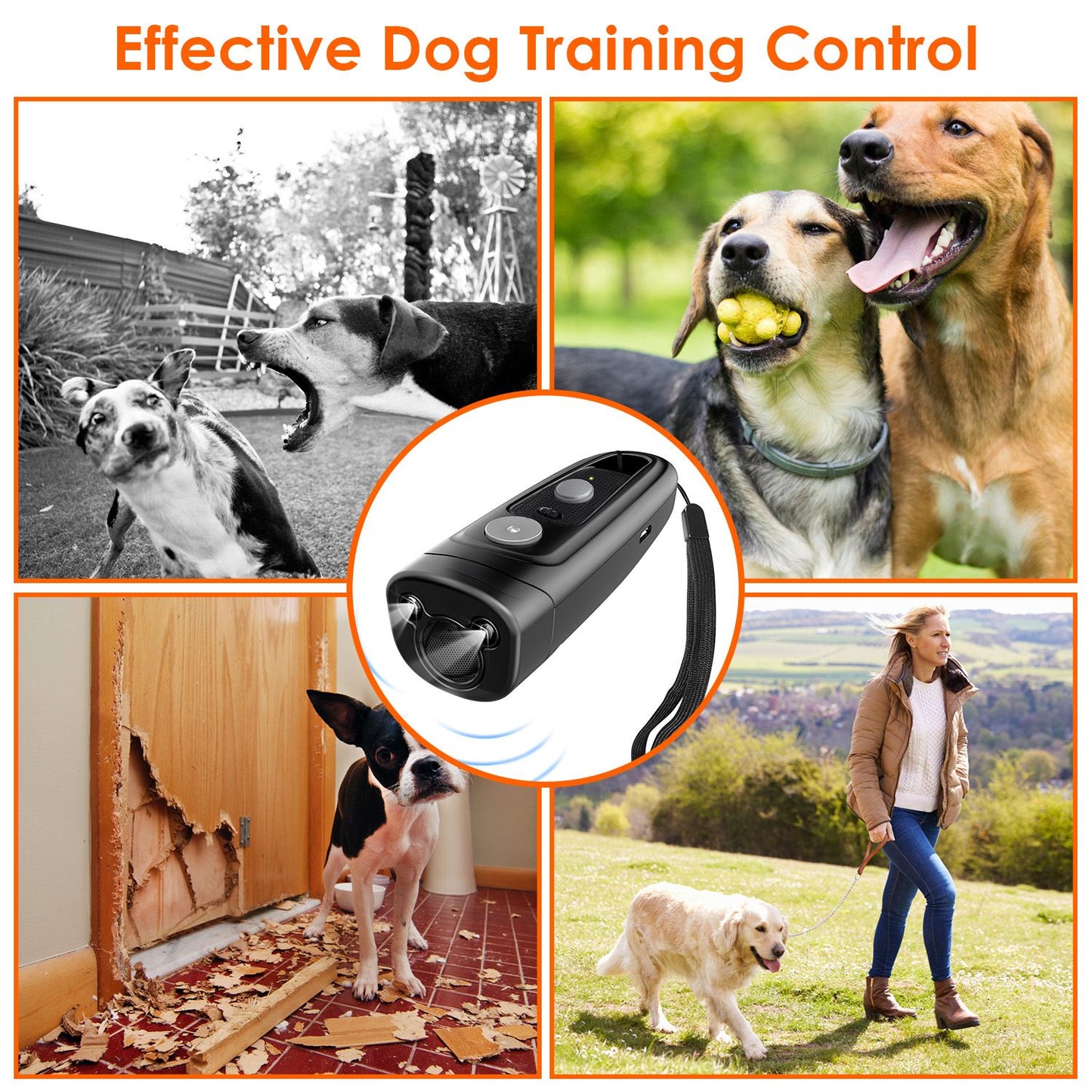 Collage showing the anti-bark device used for training across scenarios: barking, chewing, play and walking