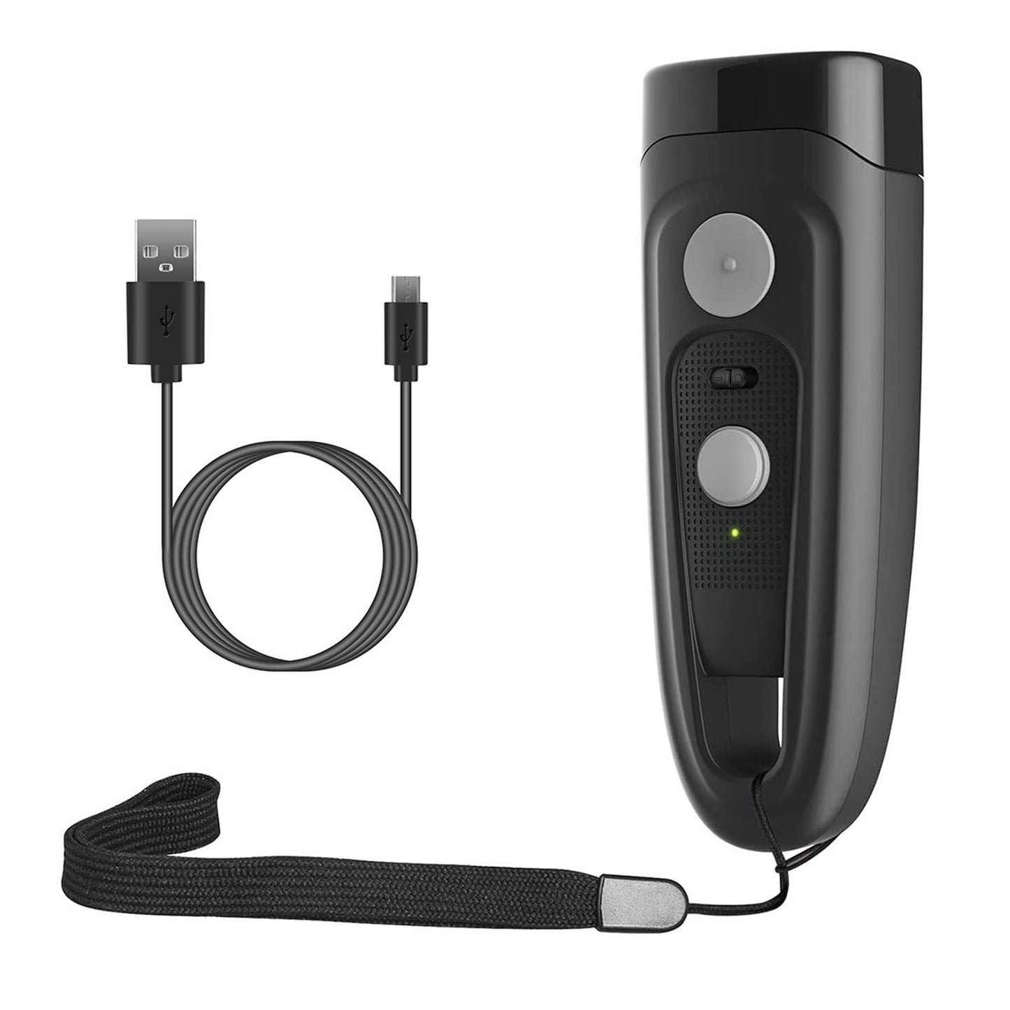Flat-lay of anti-bark device with included micro USB cable and black wrist lanyard on white background