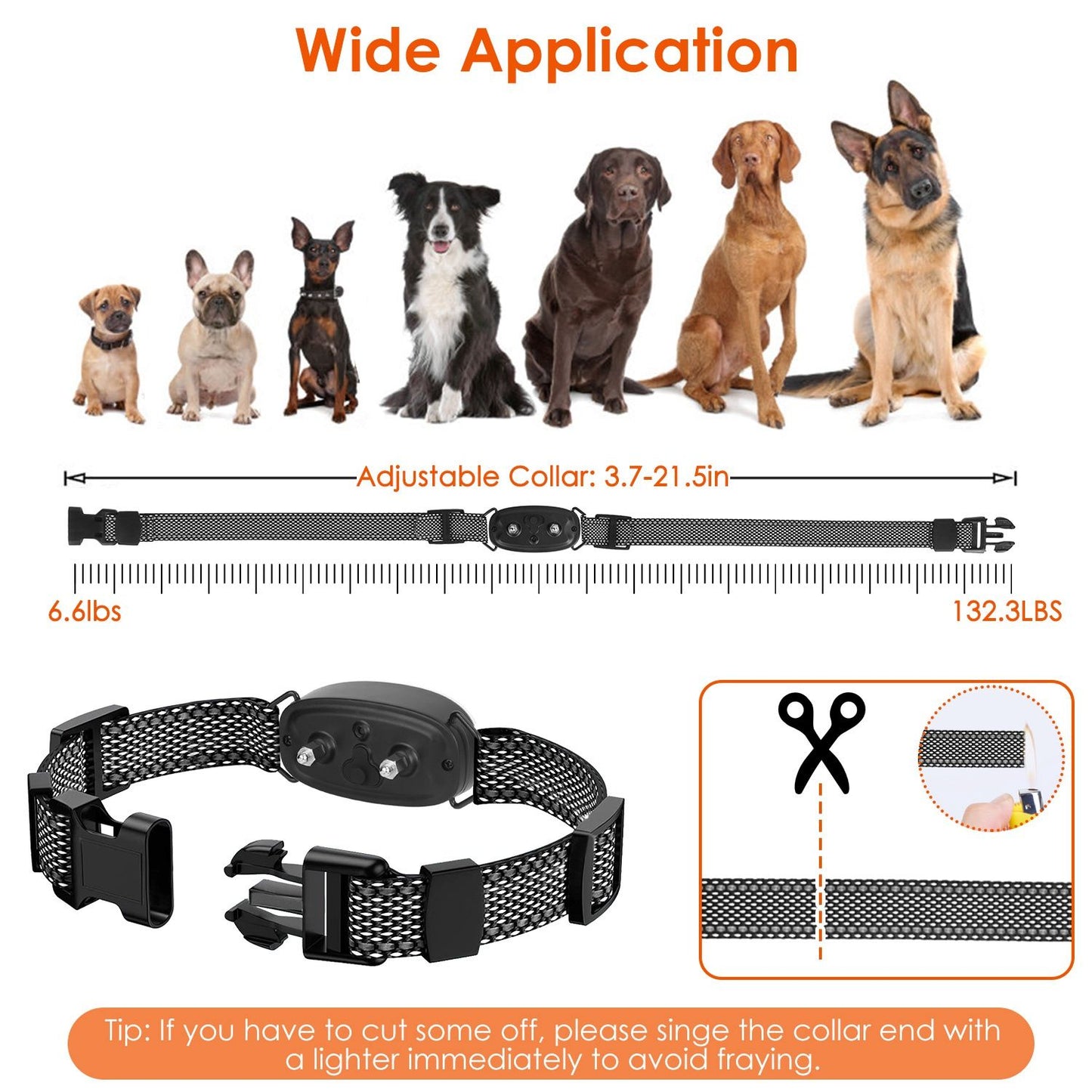 Adjustable mesh collar shown with scale 3.7–21.5 in for small to large dogs plus trimming tip