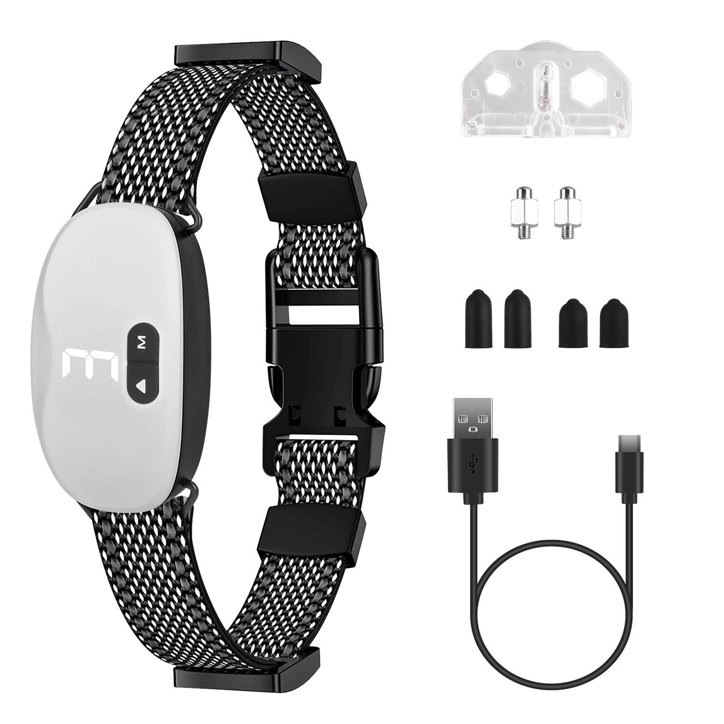 White oval rechargeable dog training collar on black mesh strap with USB cable and spare conductive caps
