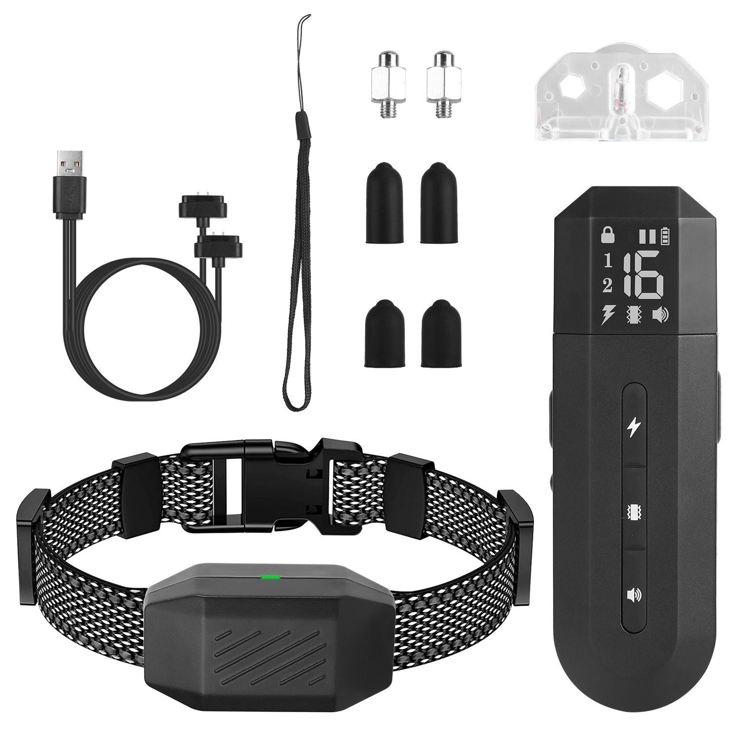 Flat lay of package contents including remote, receiver collar, charging cable and accessory kit