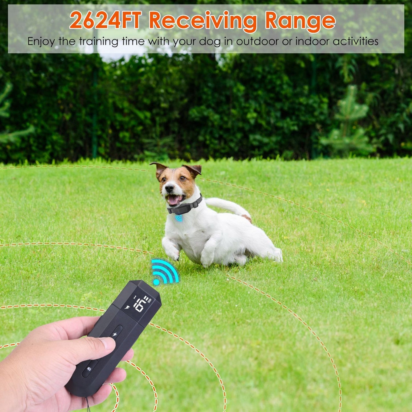 Person holding transmitter with signal waves toward a running dog in a grassy park