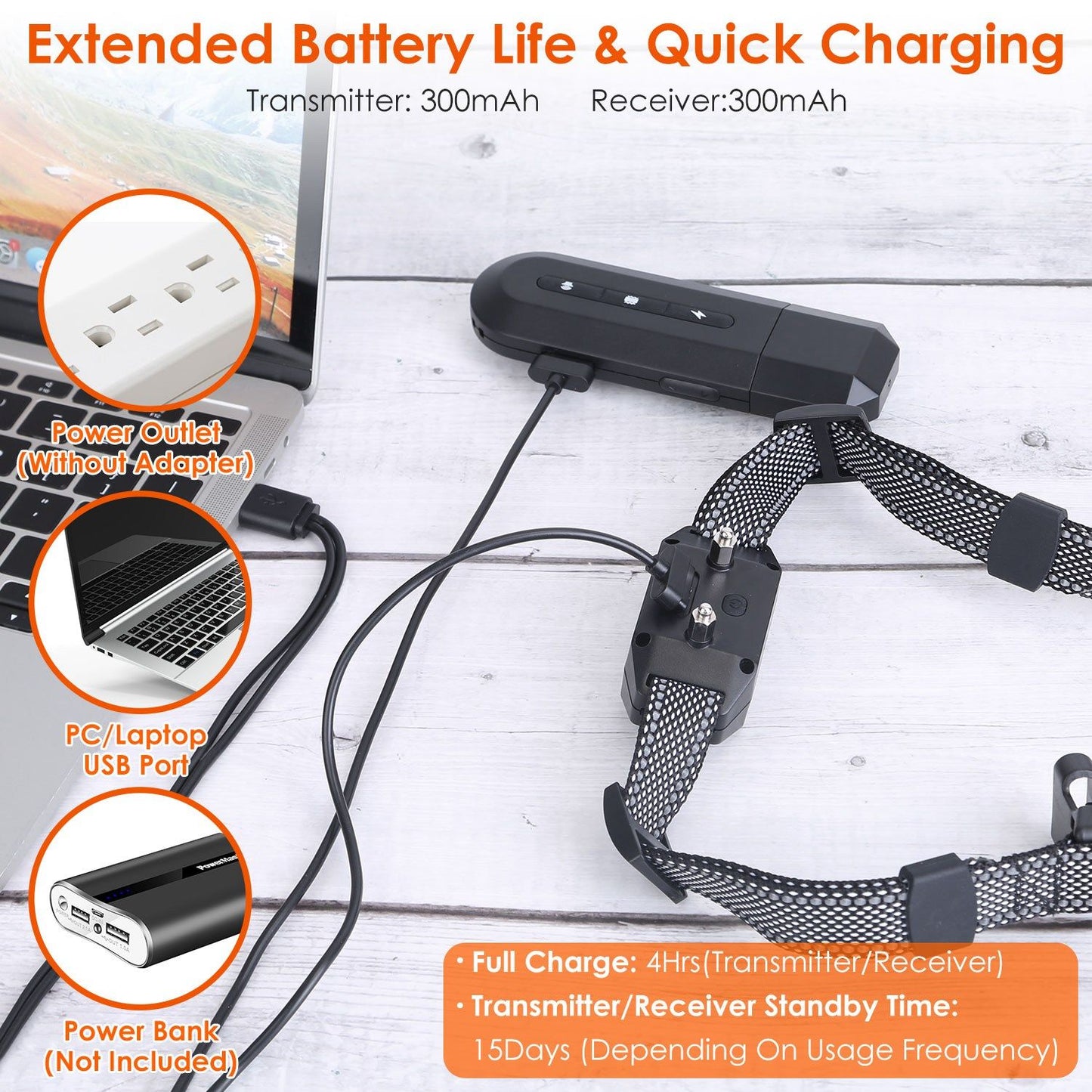 Remote transmitter and collar receiver connected to USB 2-in-1 charging cable on a table