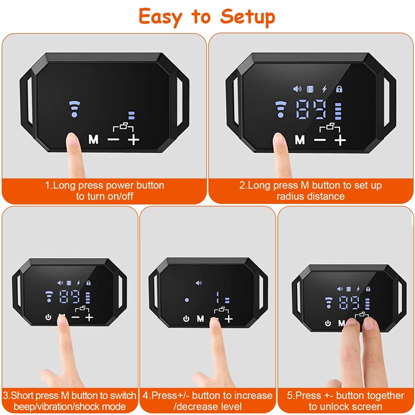 Collar display illustrations with finger presses showing power, radius setup, mode switching and level adjustment instruction