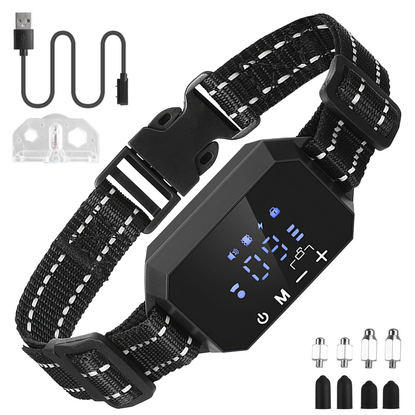 Angled close-up of black nylon collar with receiver, magnetic charging connector, test bulb and spare silicone caps and studs