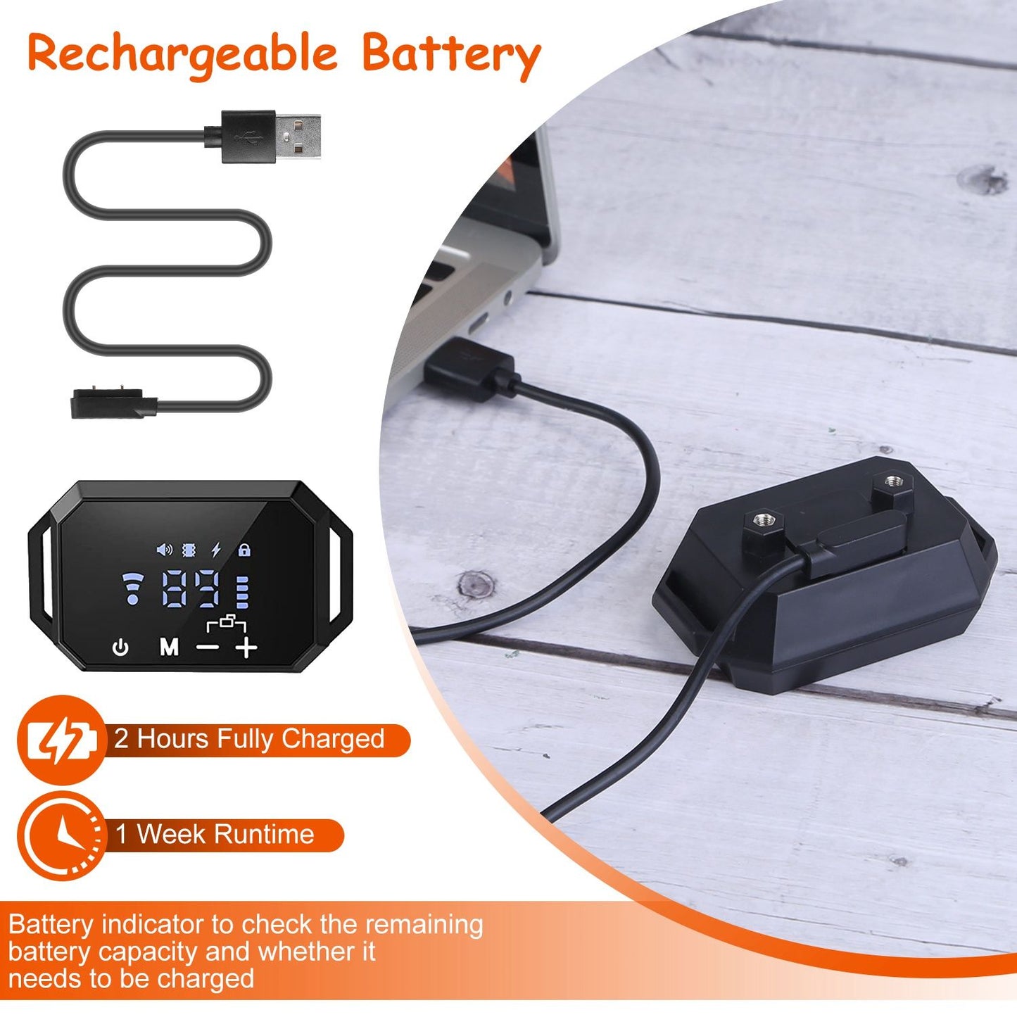 Magnetic charging cable plugged into the receiver base with callouts for two-hour full charge and one-week runtime