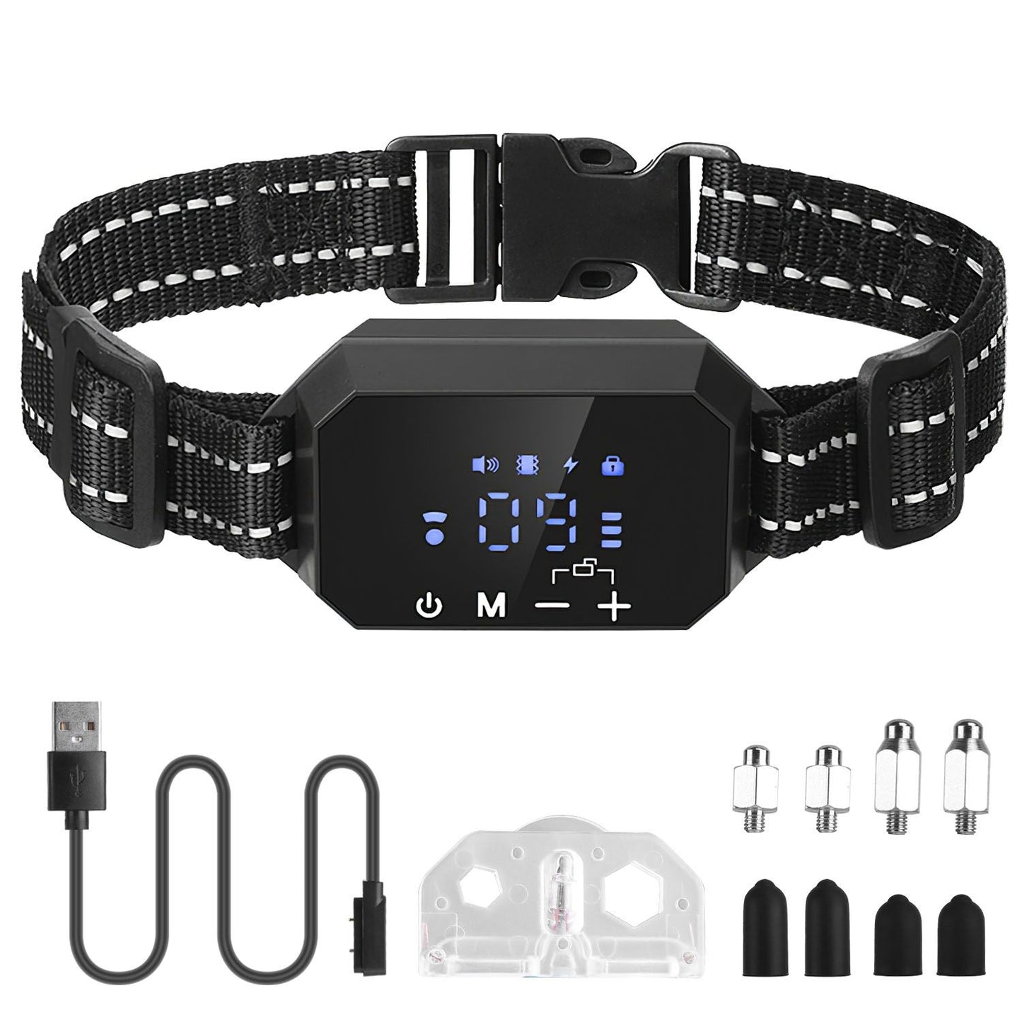 Flat-lay of GPS dog fence collar kit with receiver, magnetic charging cable, test bulb, spare contact points and silicone cap