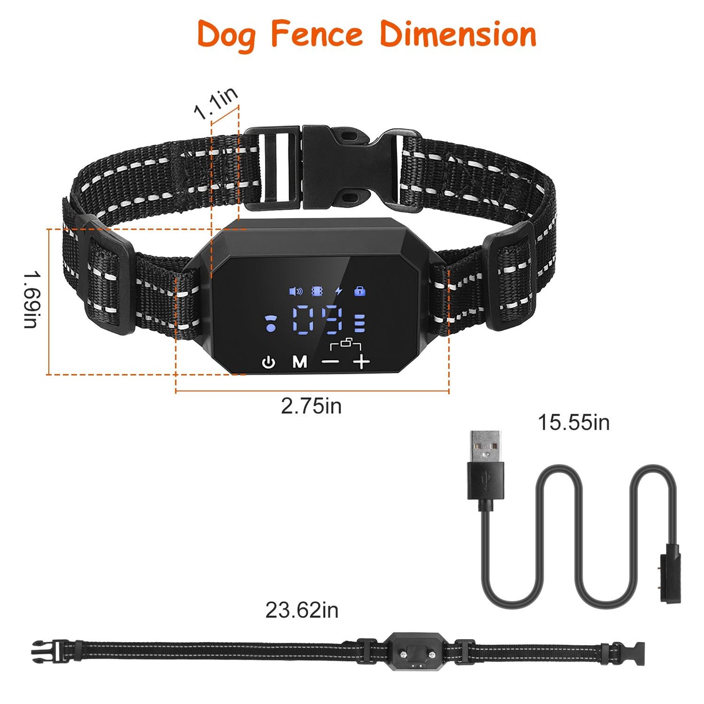 Product dimensions diagram showing receiver module 2.75 x 1.69 in, strap length 23.62 in and charging cable length 15.55 in